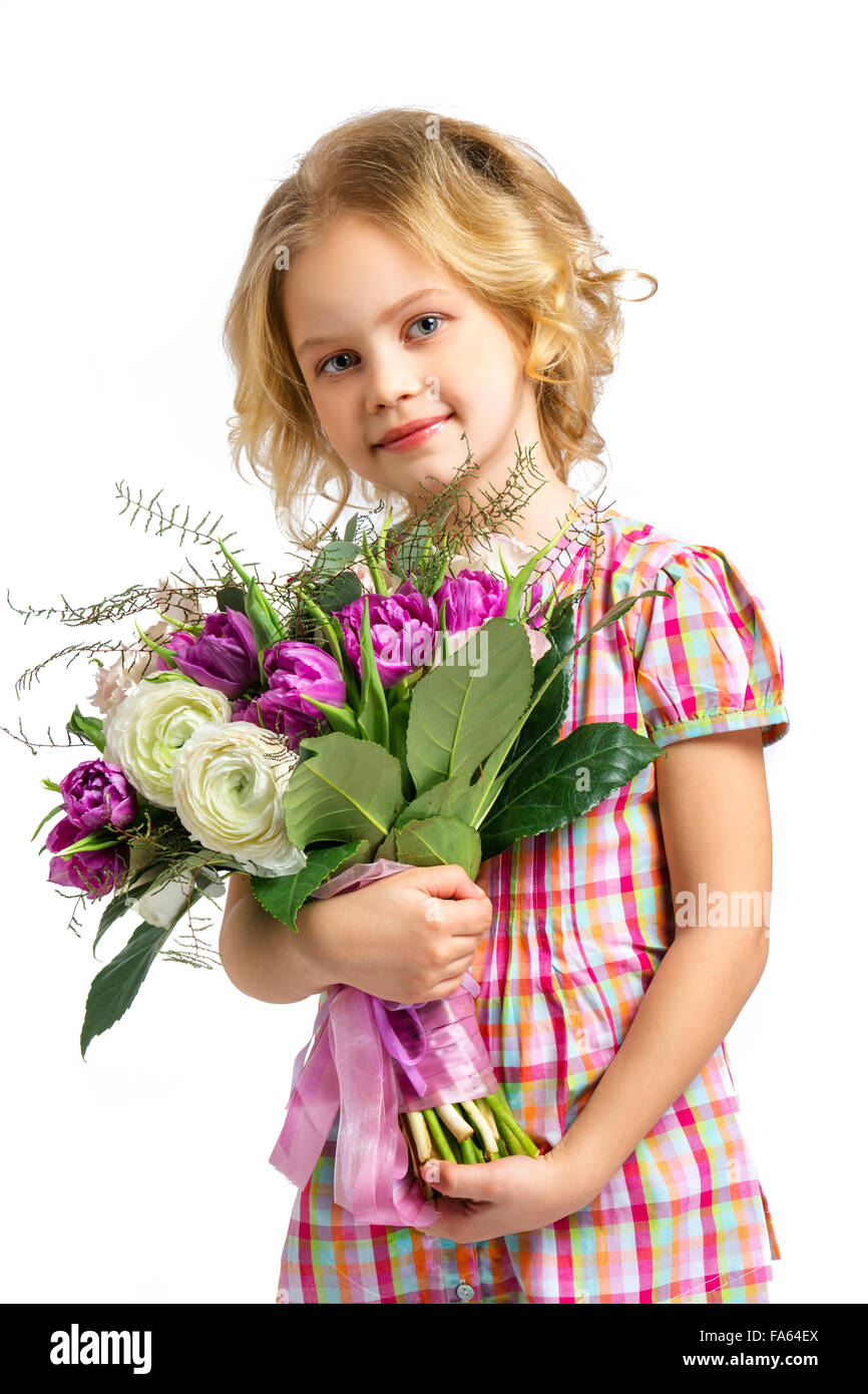 Beautiful little girl with bouquet of flowers Stock Photo - Alamy