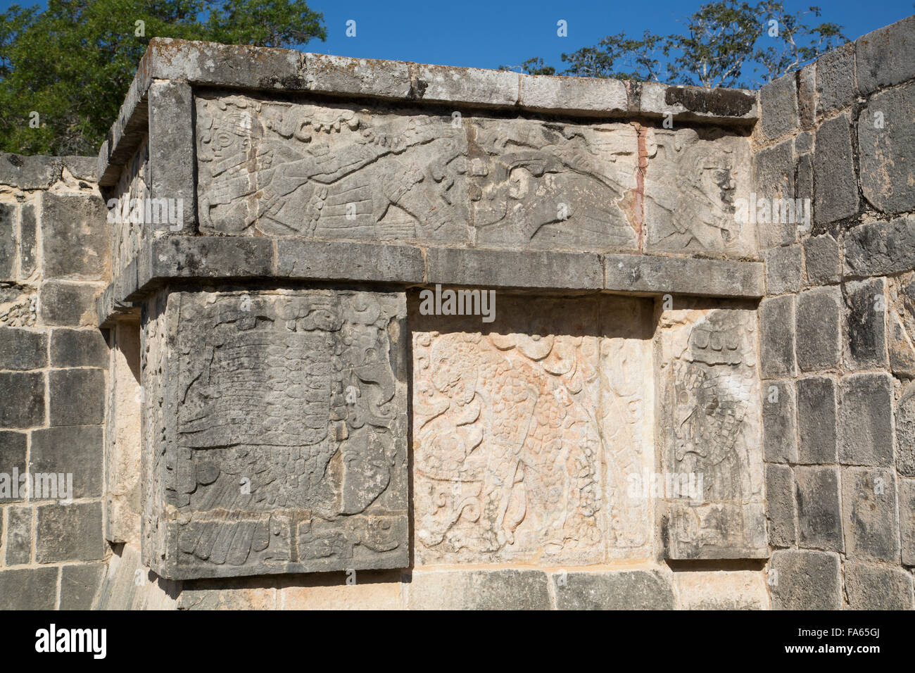 Carved Relief, Platform of the Eagles and Jaguars, Chichen Itza, UNESCO World Heritage Site, Yucatan, Mexico Stock Photo