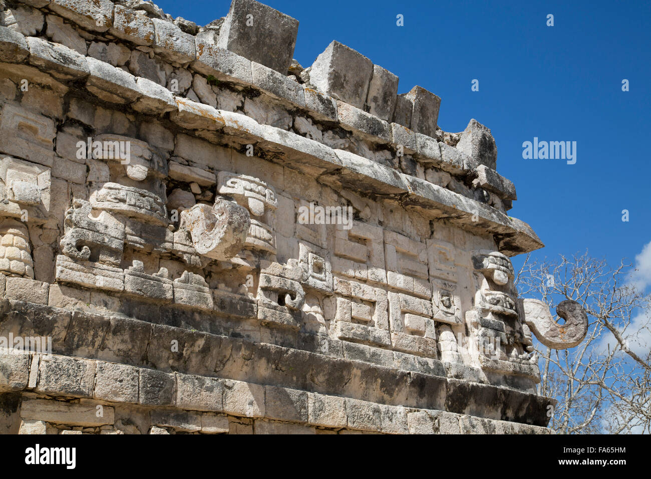 Stone Carvings with Chac Rain God Mask,, The Nunnery (Las Monjas), Chichen Itza, Yucatan, Mexico Stock Photo