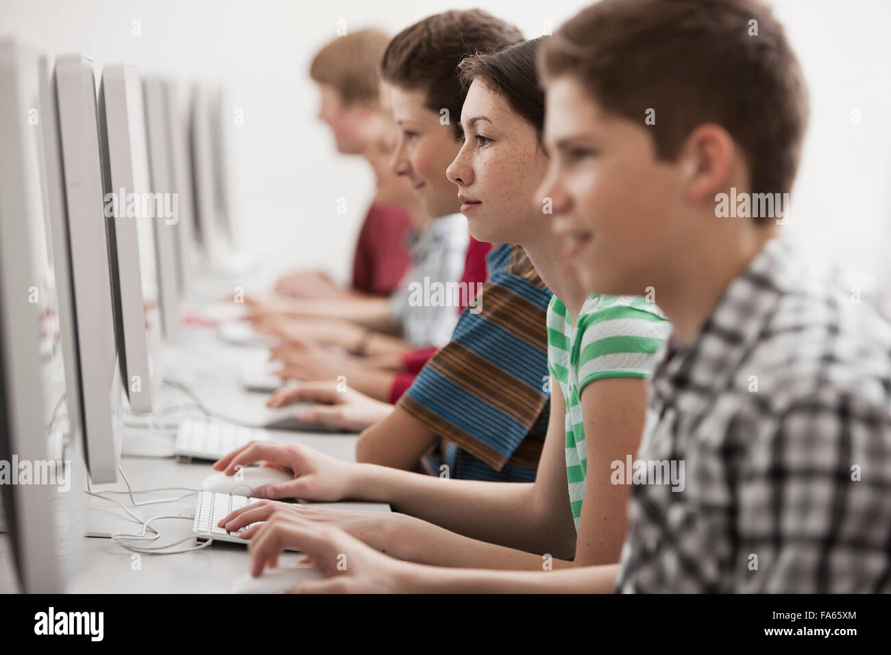 A group of young people, boys and girls, students in a computer class