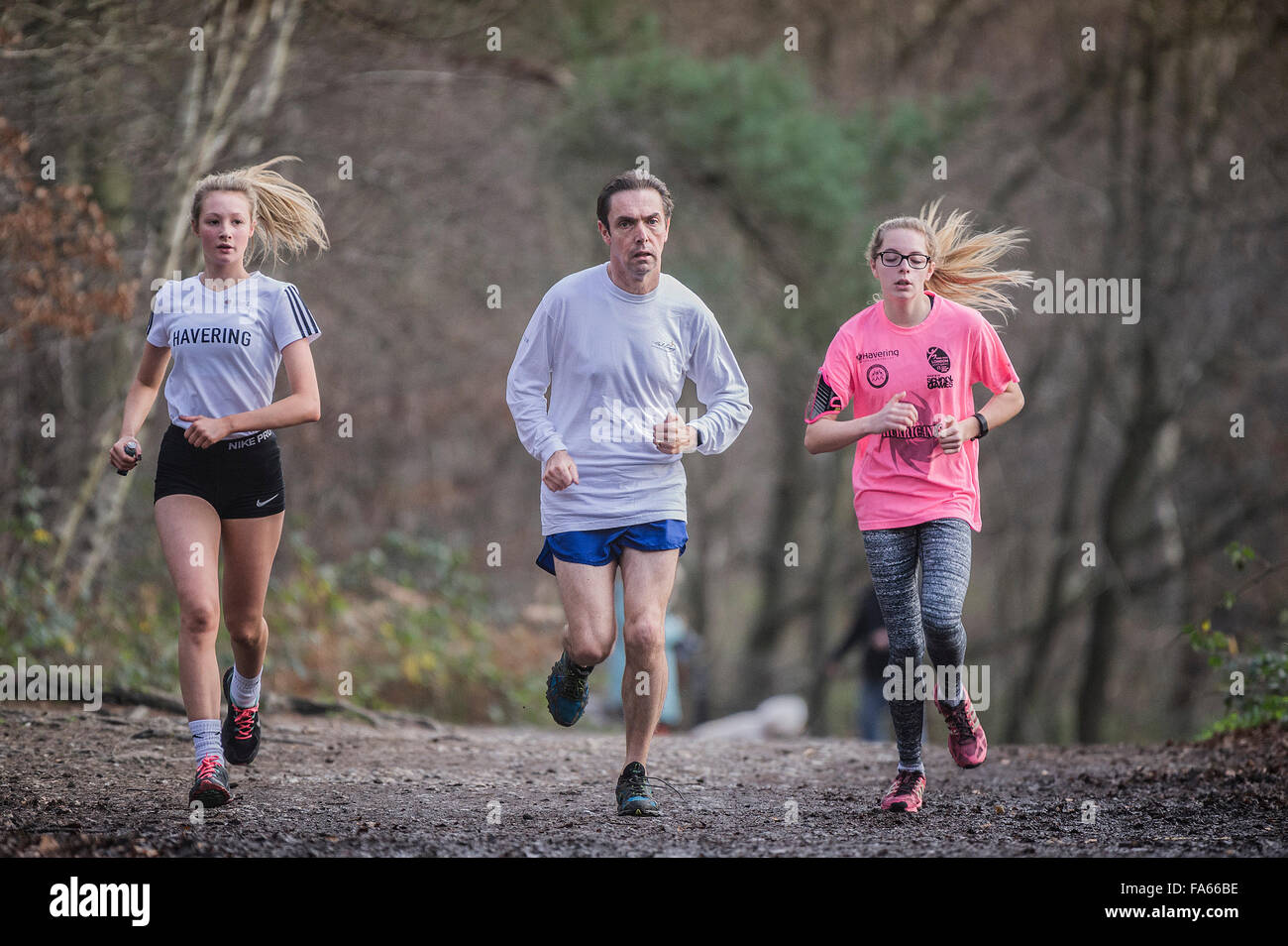 Runners exercising in Thorndon Park woodland in Essex, England, United Kingdom. Stock Photo