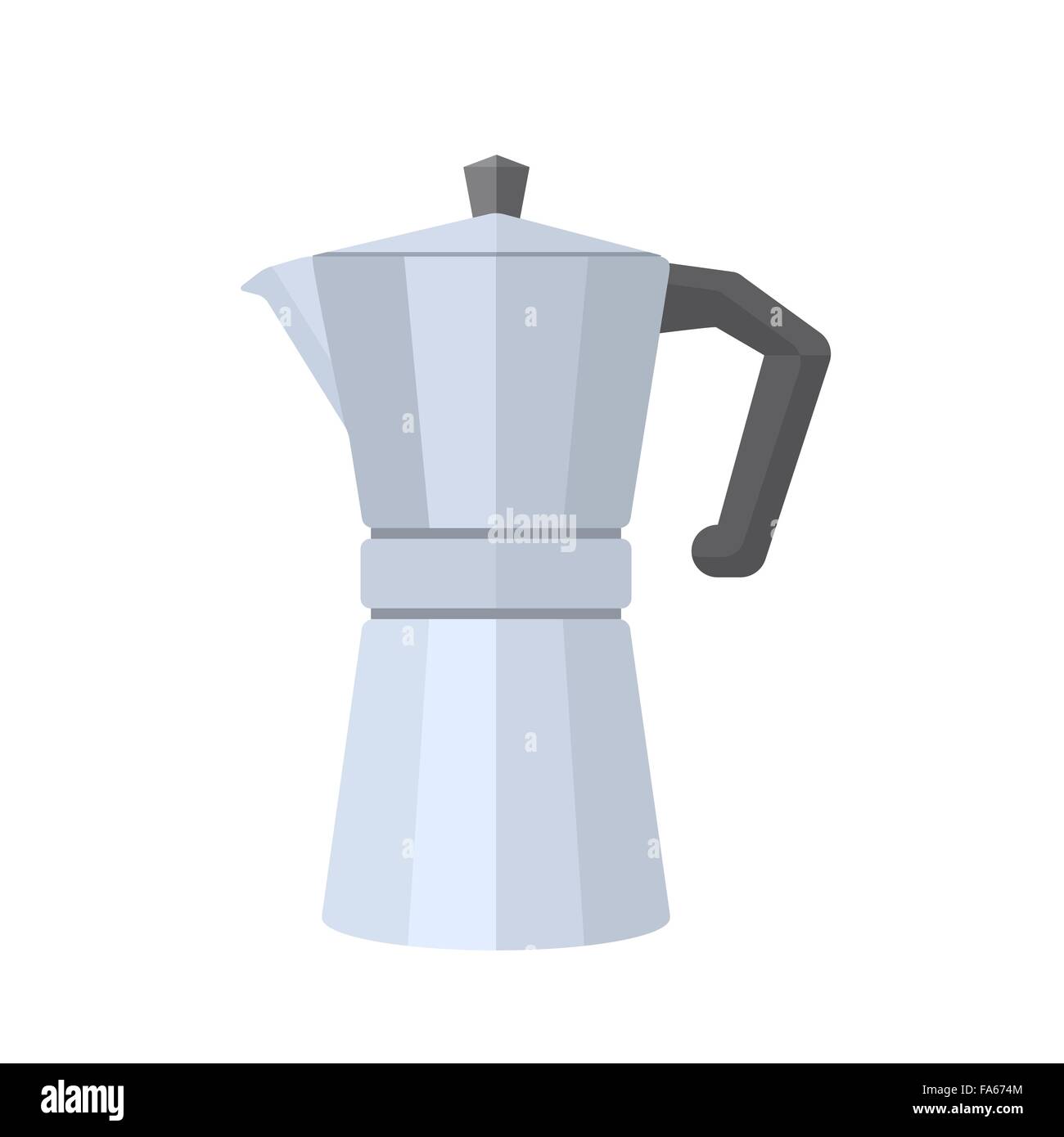vector flat design iron grey color metal retro italian coffee maker with cap and handle isolated illustration on white backgroun Stock Vector