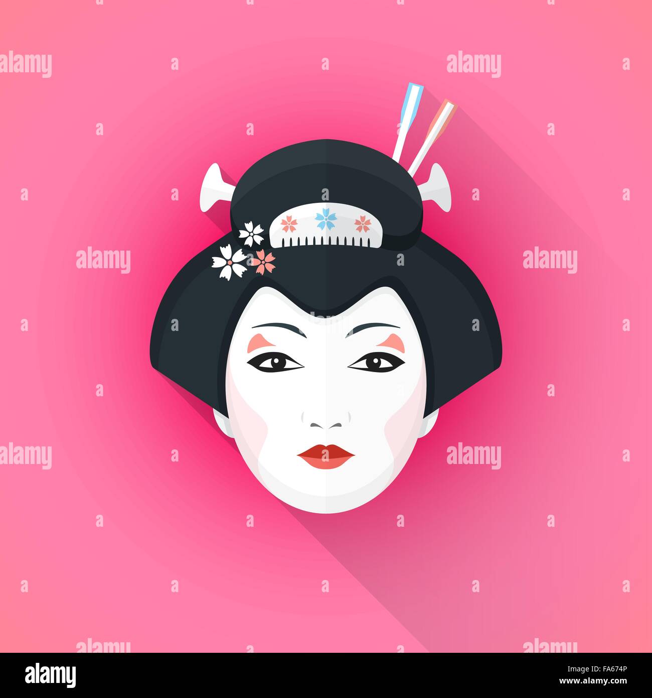 vector color flat design attractive japanese geisha face with black hair hairpins with shadow isolated illustration on pink back Stock Vector