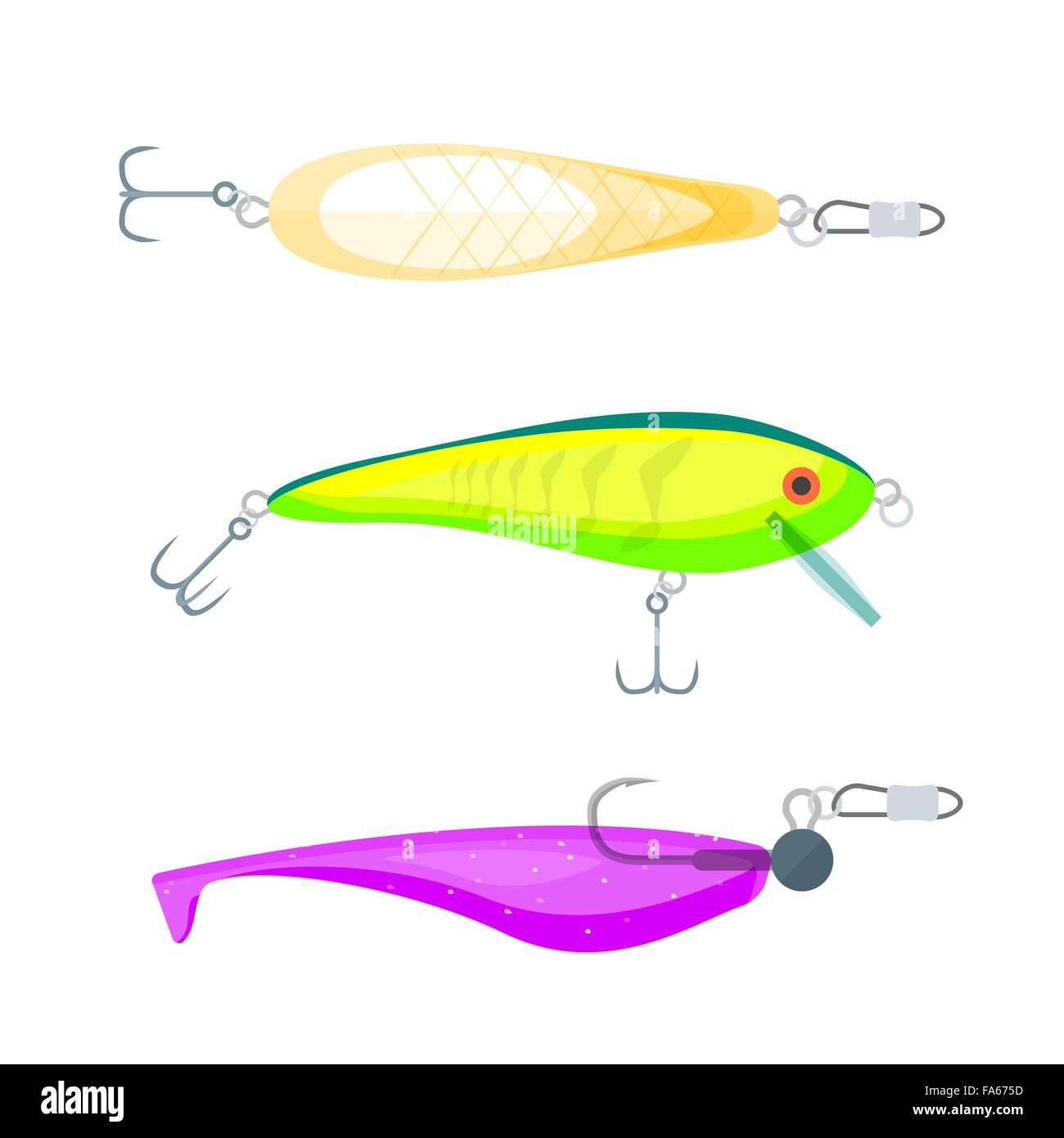 vector colored flat design spoon-bait salad green floating wobbler soft bait purple jighead lure isolated illustration white bac Stock Vector