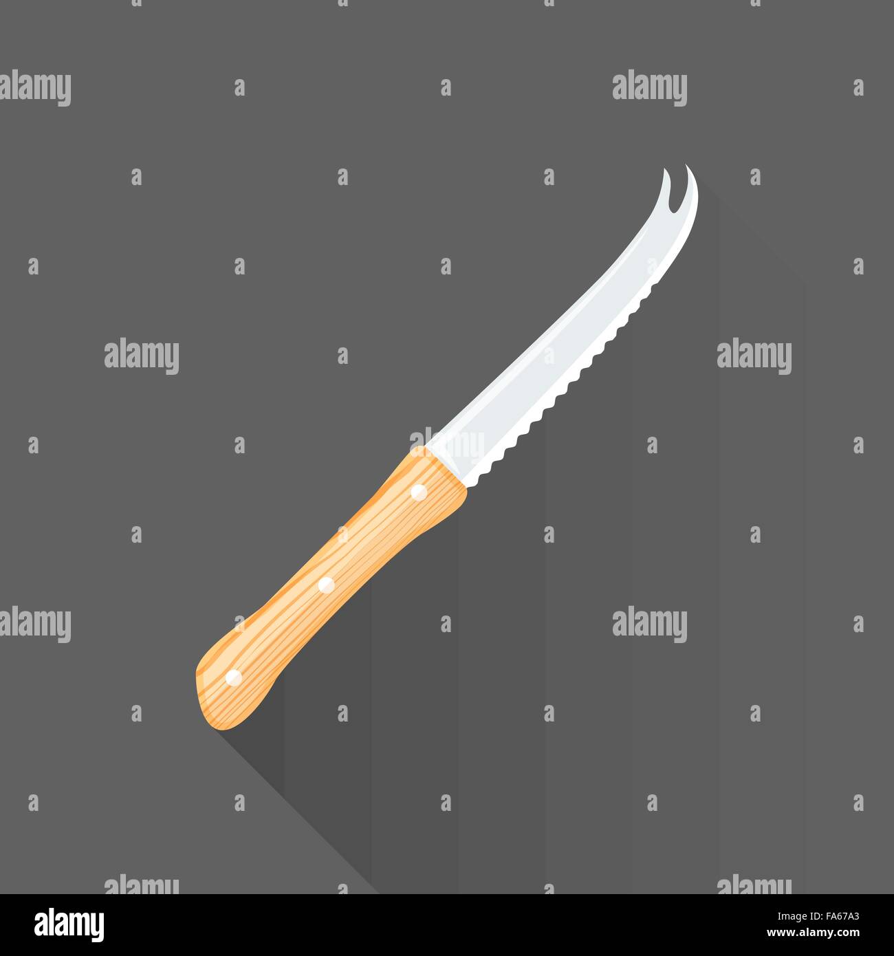 vector colored flat design bar knife wood handle forked blade tip isolated illustration gray background long shadow Stock Vector