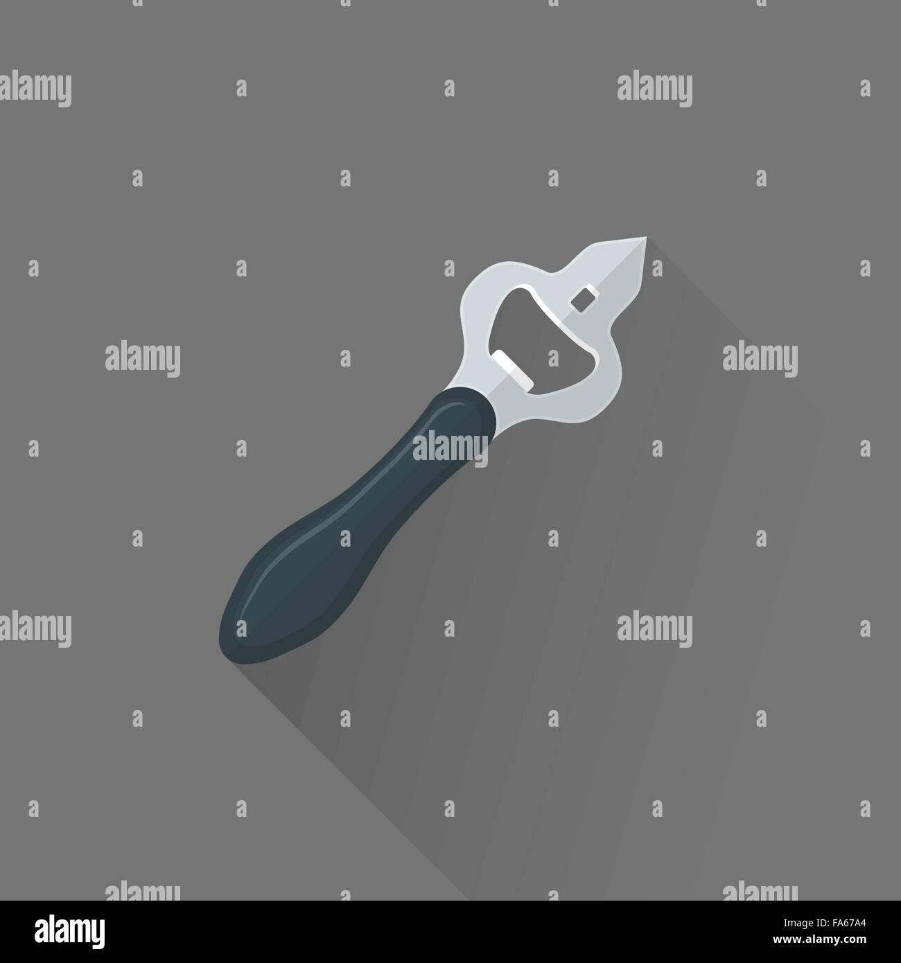 vector black color handle flat design metal bar bottle opener isolated illustration gray background long shadow Stock Vector