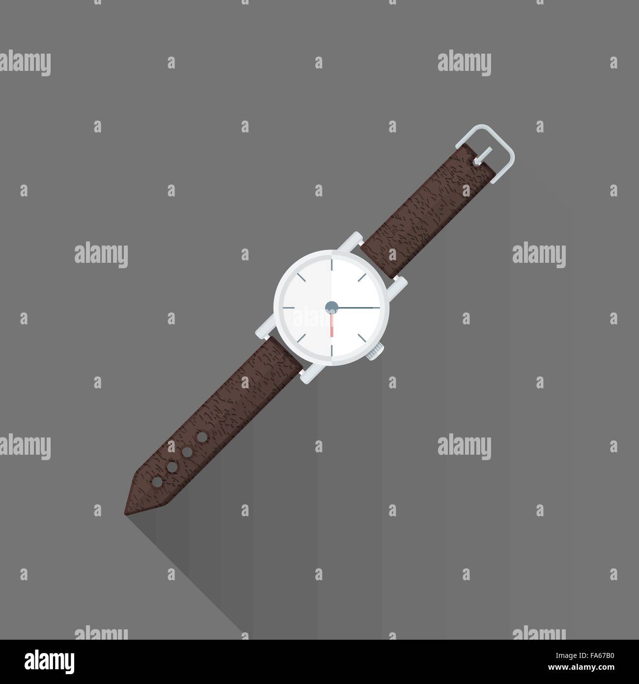 vector colored flat design metal wristwatch brown leather strap isolated illustration gray background long shadow Stock Vector