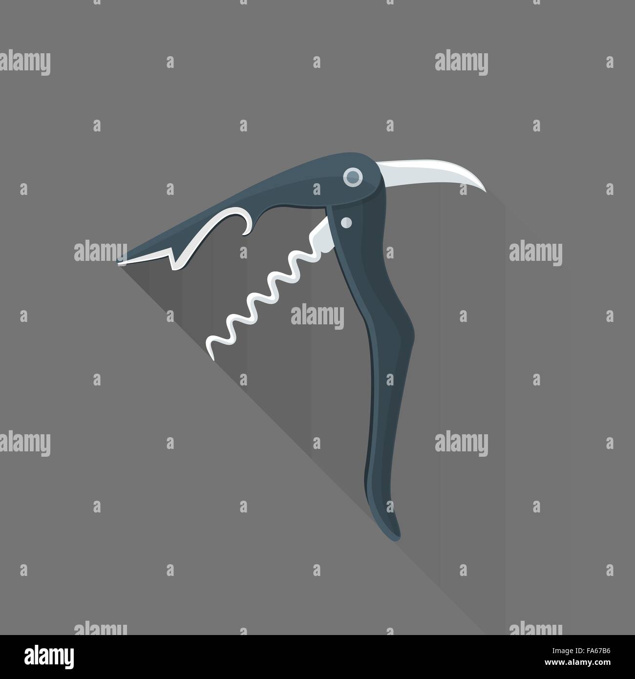 vector black color flat design sommelier knife corkscrew isolated illustration gray background long shadow Stock Vector