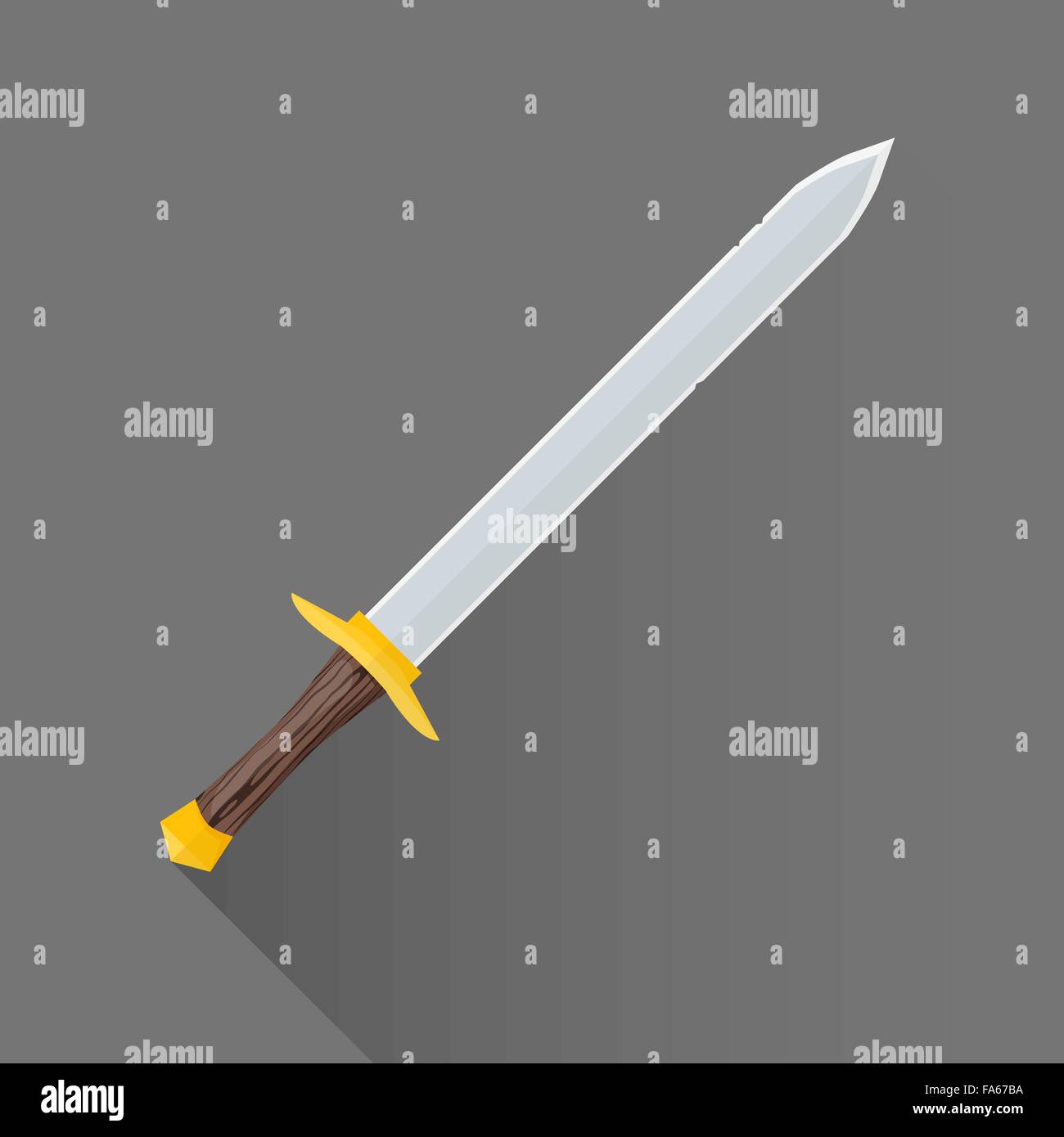 vector colored flat design metal sharp blade battle sword wood handle isolated illustration gray background long shadow Stock Vector