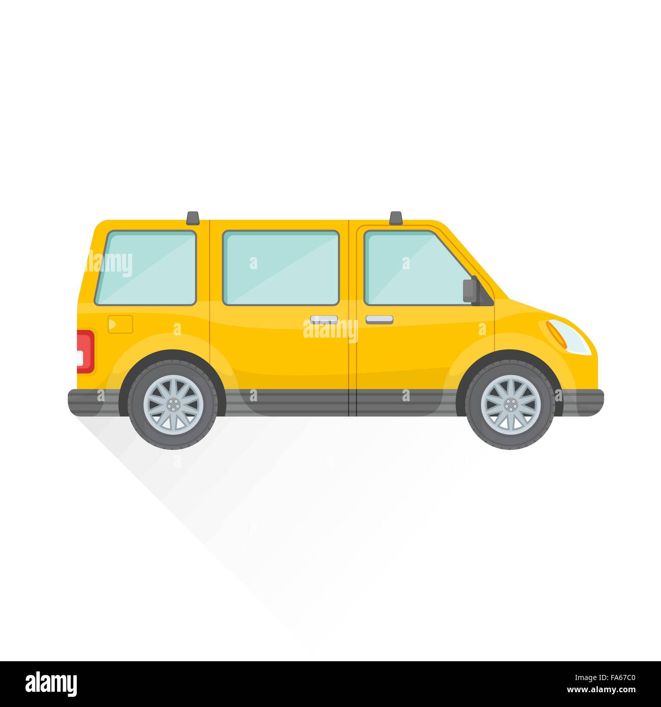 vector yellow color flat design passenger minivan body type vehicle illustration isolated white background long shadow Stock Vector