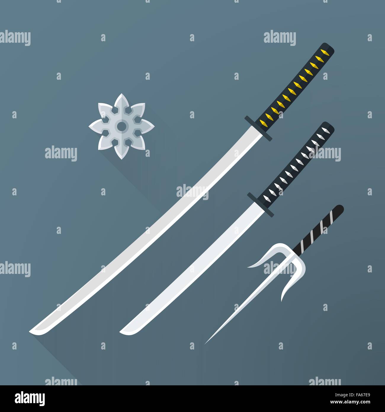 vector colored flat design japan cold steel arms katana sword wakizashi shuriken sai isolated illustration gray background long Stock Vector