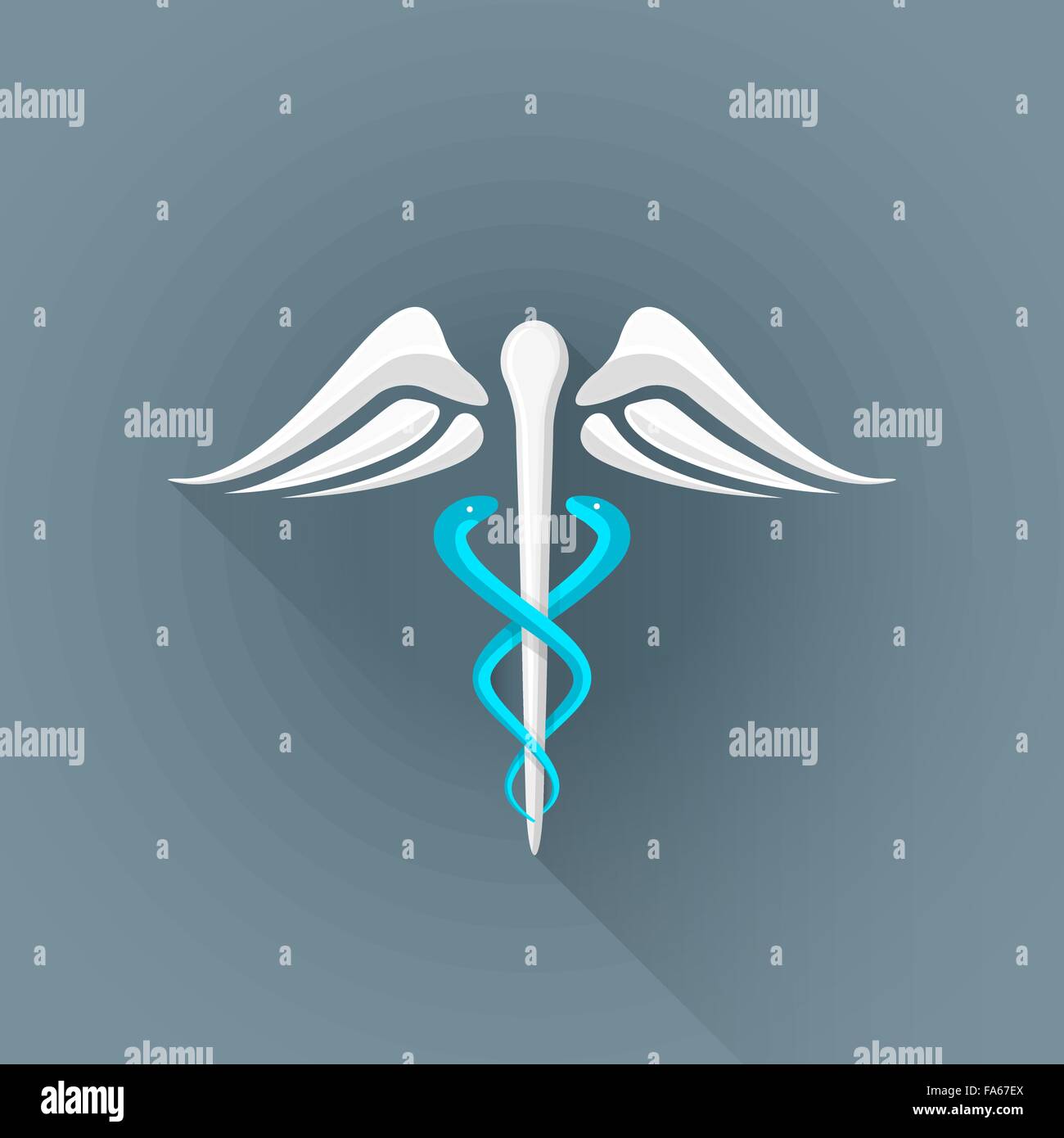 vector colored flat design caduceus white wing blue snake Rod of Asclepius symbol illustration isolated dark background long sha Stock Vector