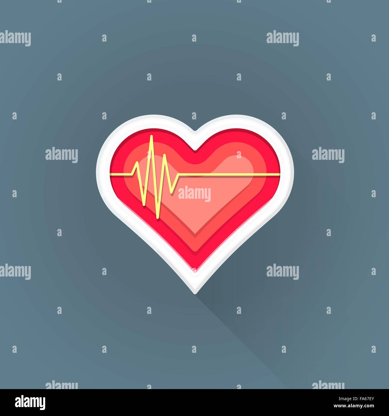 vector colored flat design red heart pulse line cardiac sign illustration isolated dark background long shadow Stock Vector