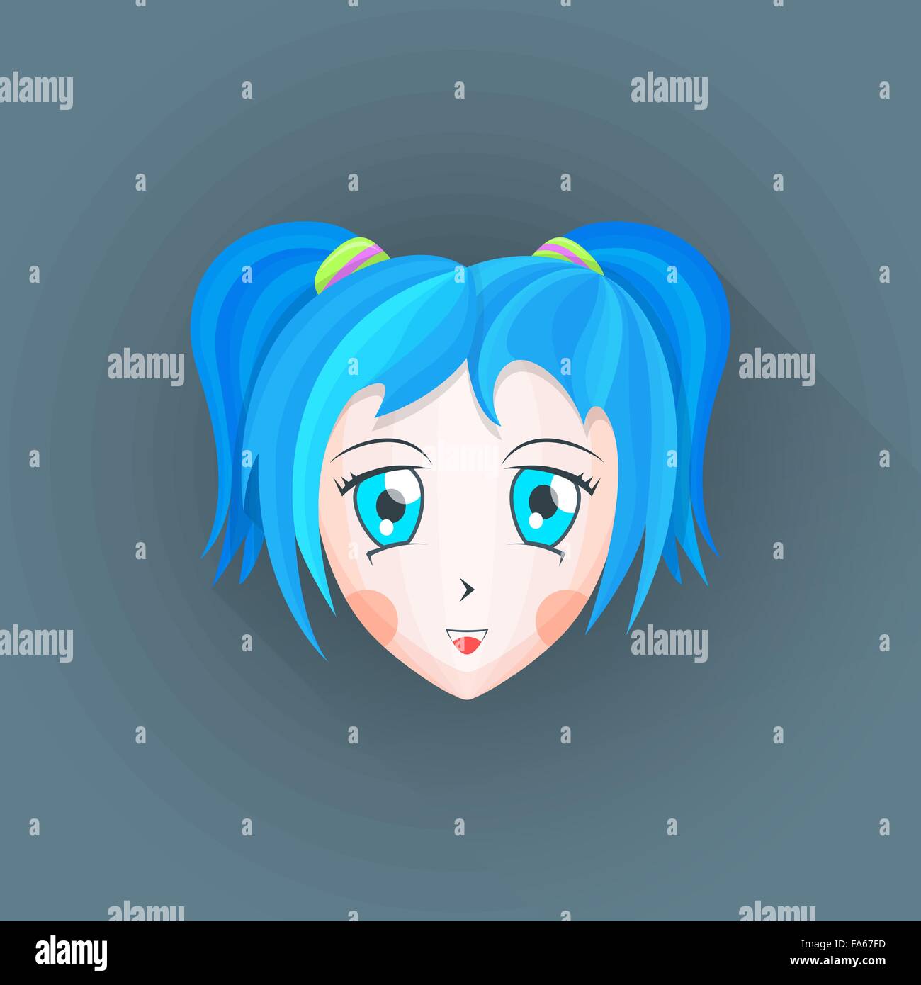 vector colored flat design japanese anime manga girl face big blue eyes cyan hair illustration isolated dark background long sha Stock Vector
