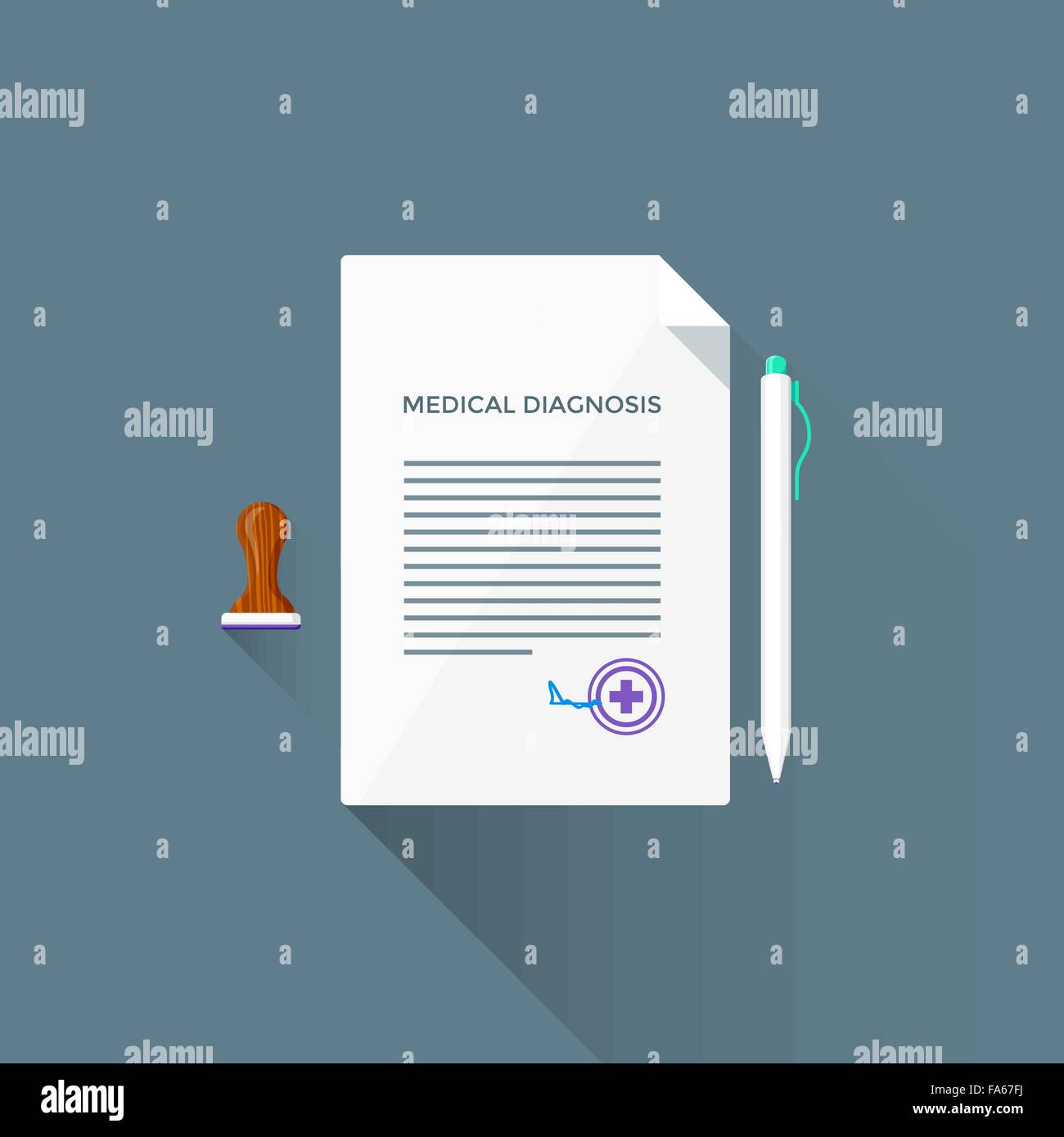 vector colored flat design medical diagnosis paper sign cross wooden stamp white pen illustration isolated dark background long Stock Vector