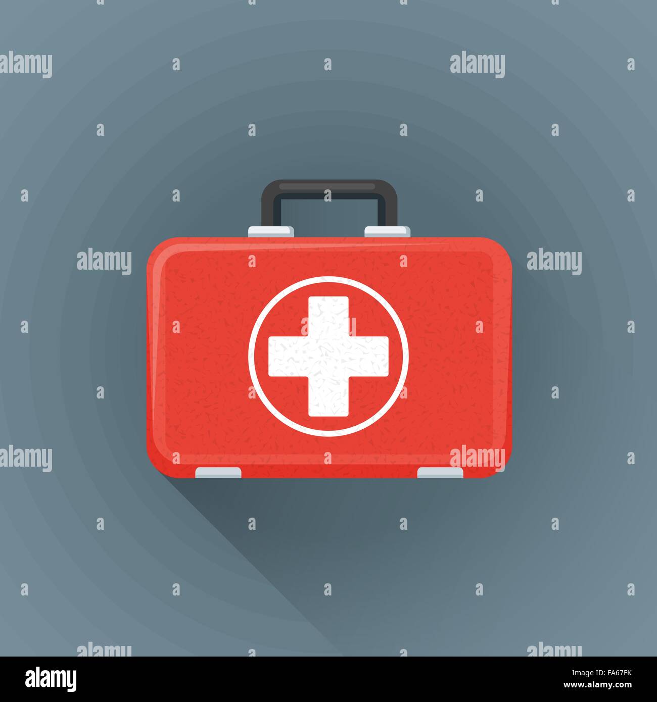 vector textured flat design red medical first-aid suitcase white cross circle emblem illustration isolated dark background long Stock Vector