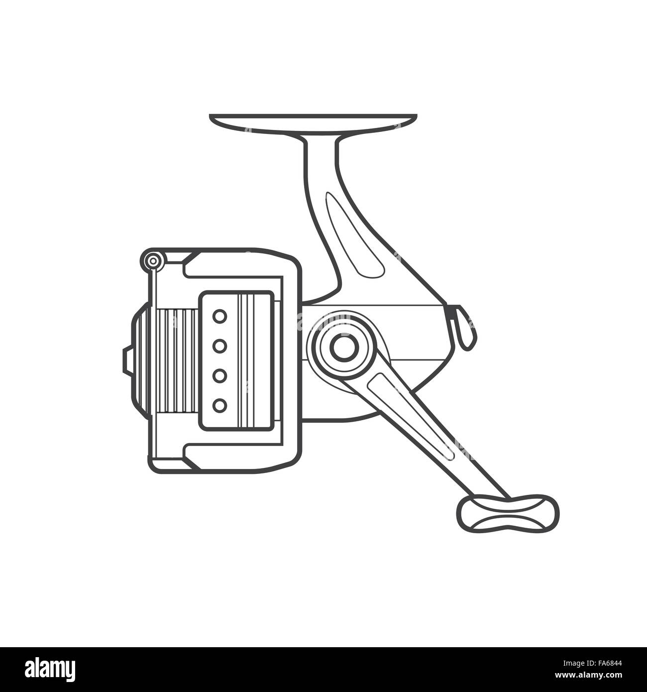 vector monochrome contour spinning fishing fixed spool reel isolated black outline illustration on white background Stock Vector