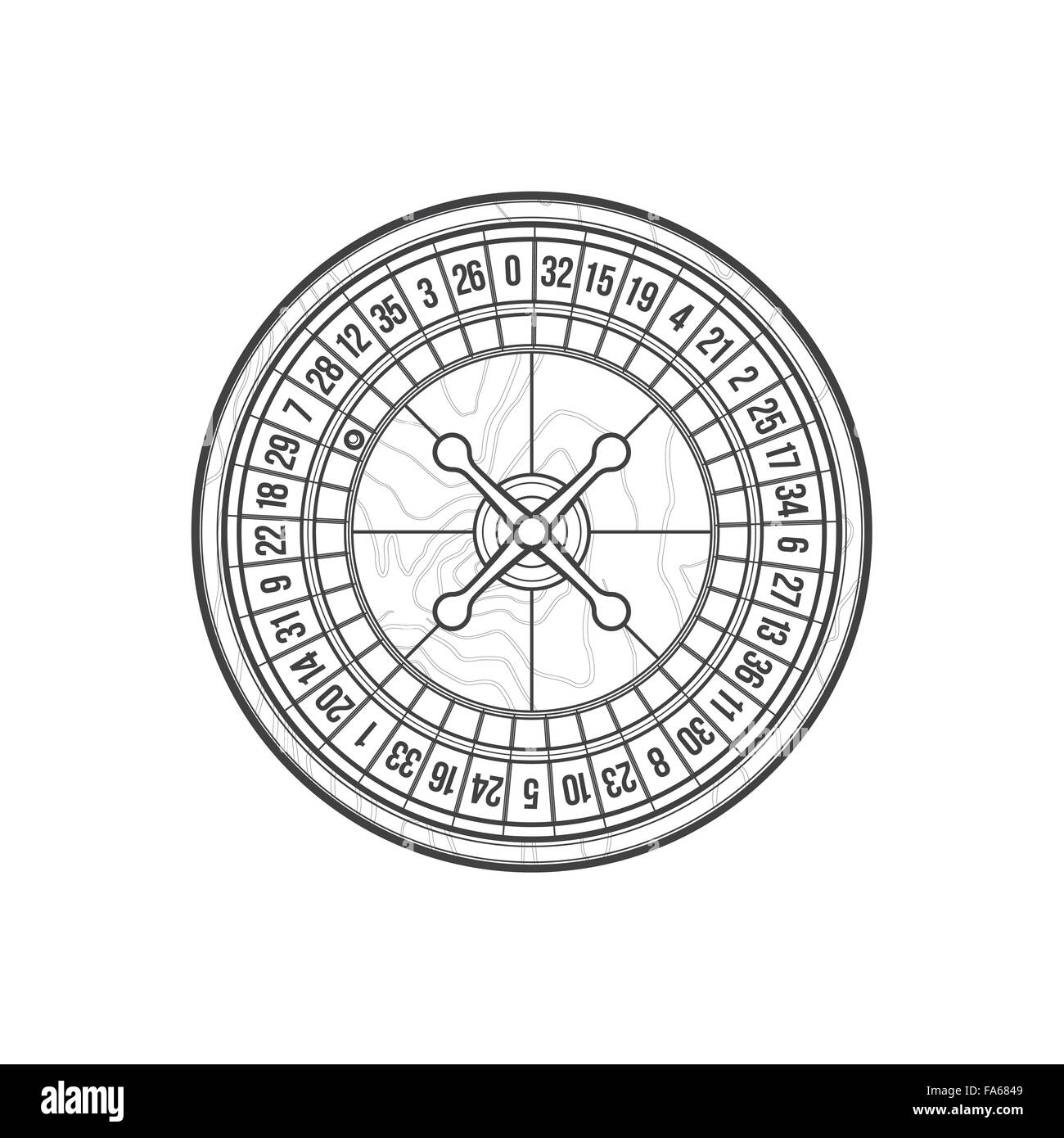 vector monochrome contour gambling casino wood textured roulette wheel isolated black outline illustration on white background Stock Vector