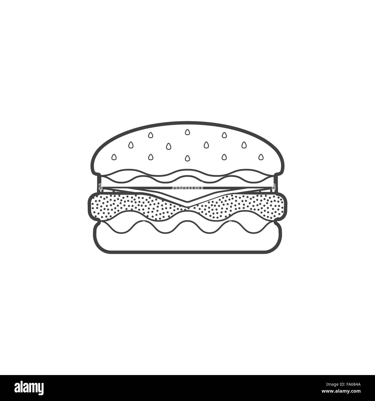 vector monochrome contour fast food hamburger with beef fresh lettuce onion tomato sesame seed cheese isolated black outline ill Stock Vector