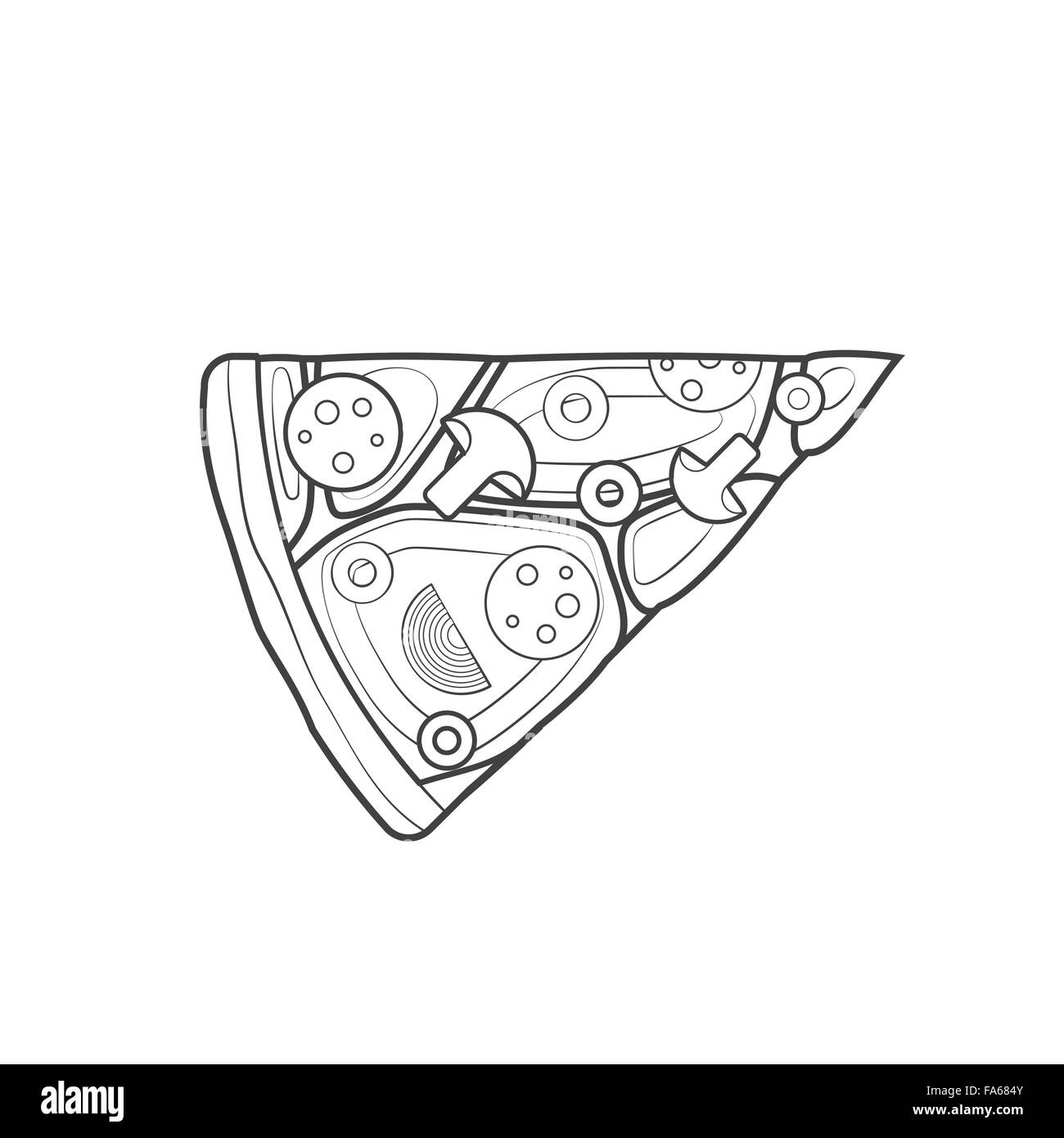 vector monochrome contour italian triangular piece of pizza tomato mushrooms pepperoni sausage olives onion cheese isolated blac Stock Vector