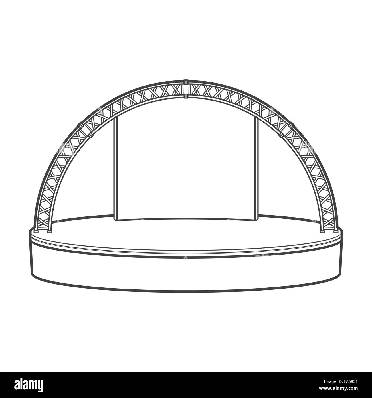 vector monochrome contour empty estrade rounded stage metal truss isolated black outline illustration on white background Stock Vector