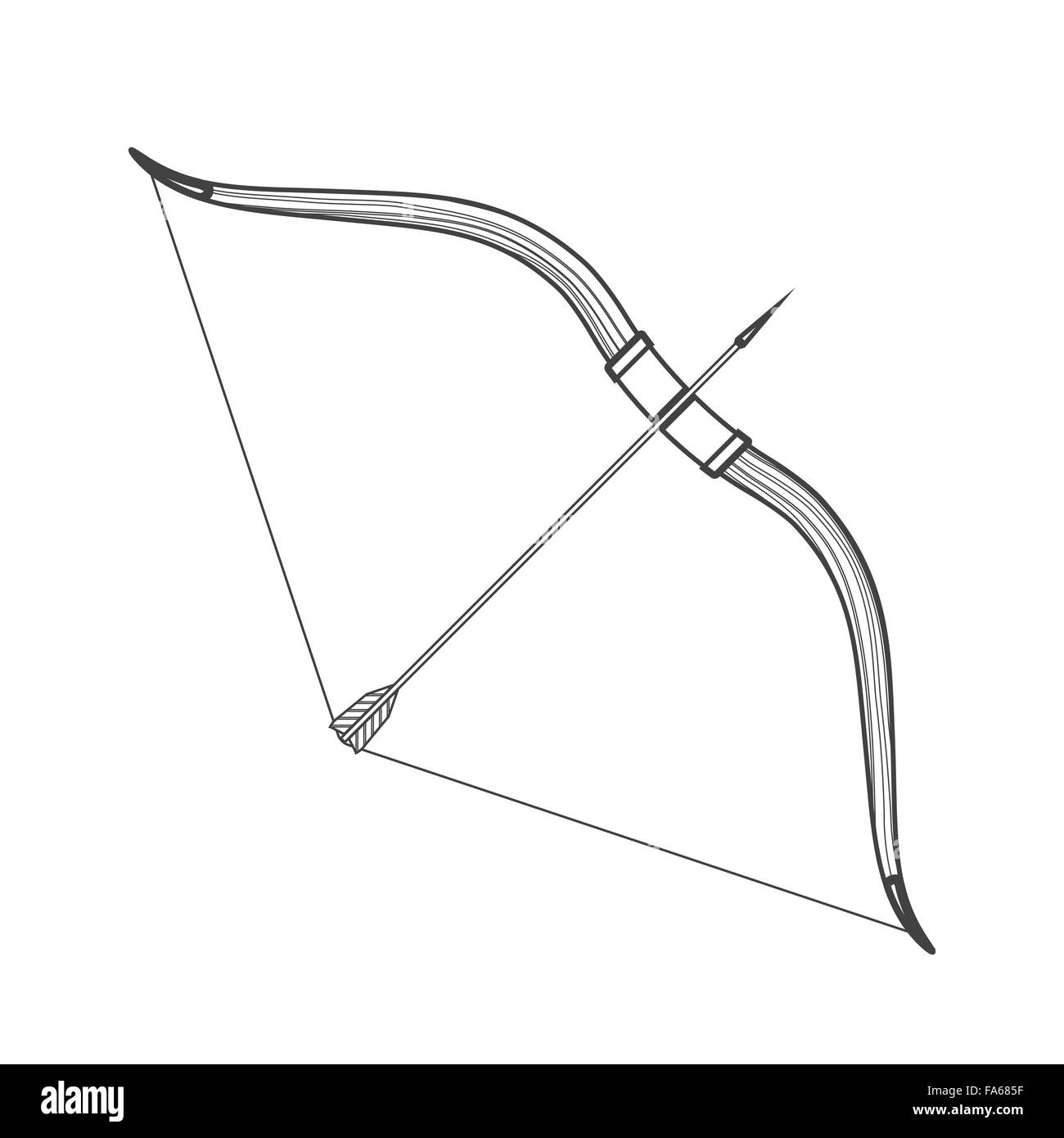vector monochrome contour medieval wooden bow with arrow isolated black outline illustration on white background Stock Vector