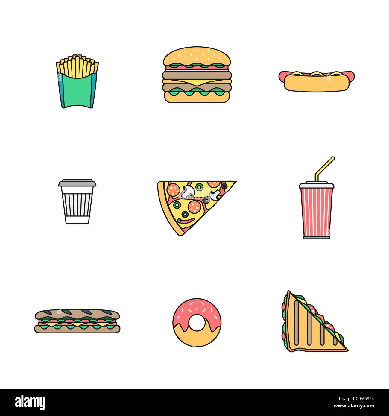 vector colored outline various fast food french fries hamburger cheeseburger hot dog coffee cup pizza cola soda club sandwich ba Stock Vector
