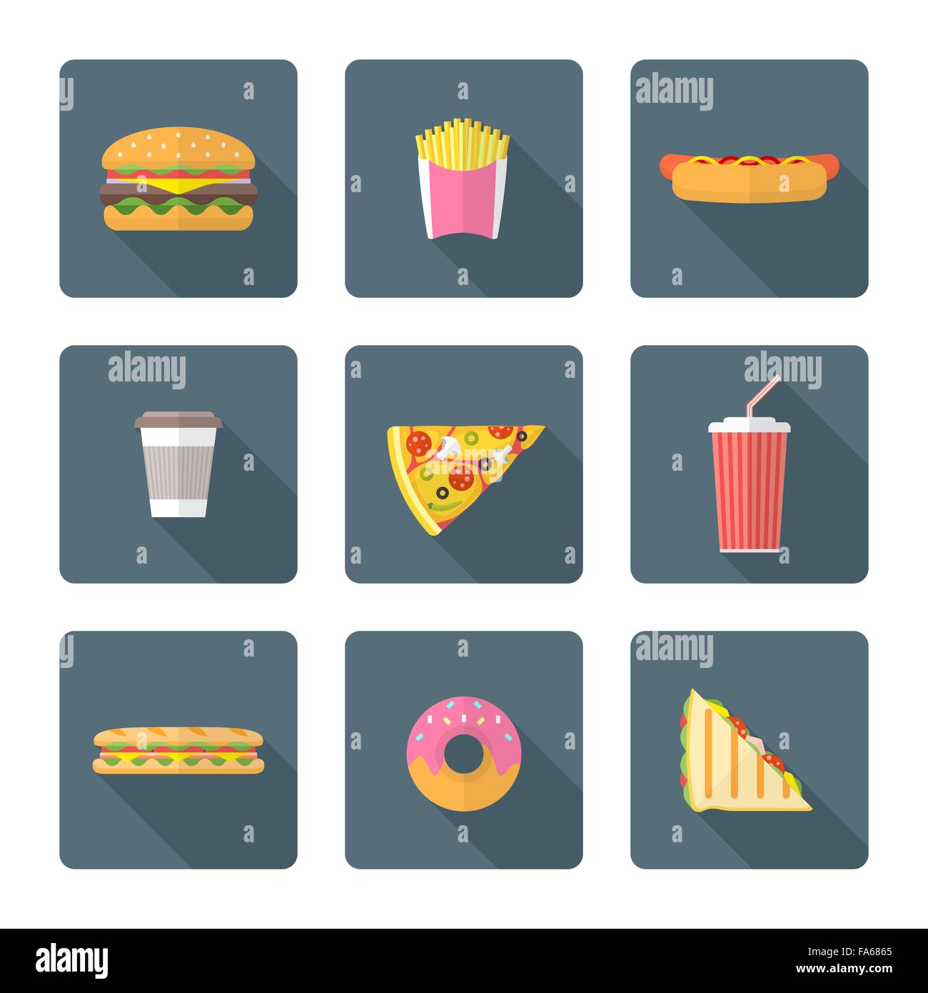 vector color flat design various fast food french fries hamburger cheeseburger hot dog coffee cup pizza cola soda club sandwich Stock Vector