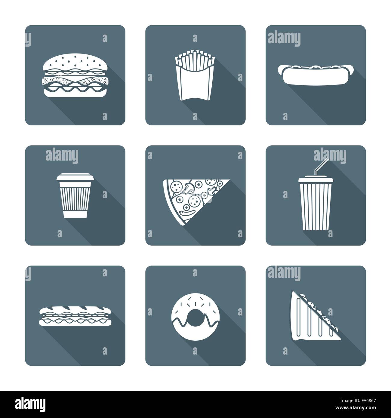 vector monochrome white color flat design various fast food french fries hamburger cheeseburger hot dog coffee cup pizza cola so Stock Vector