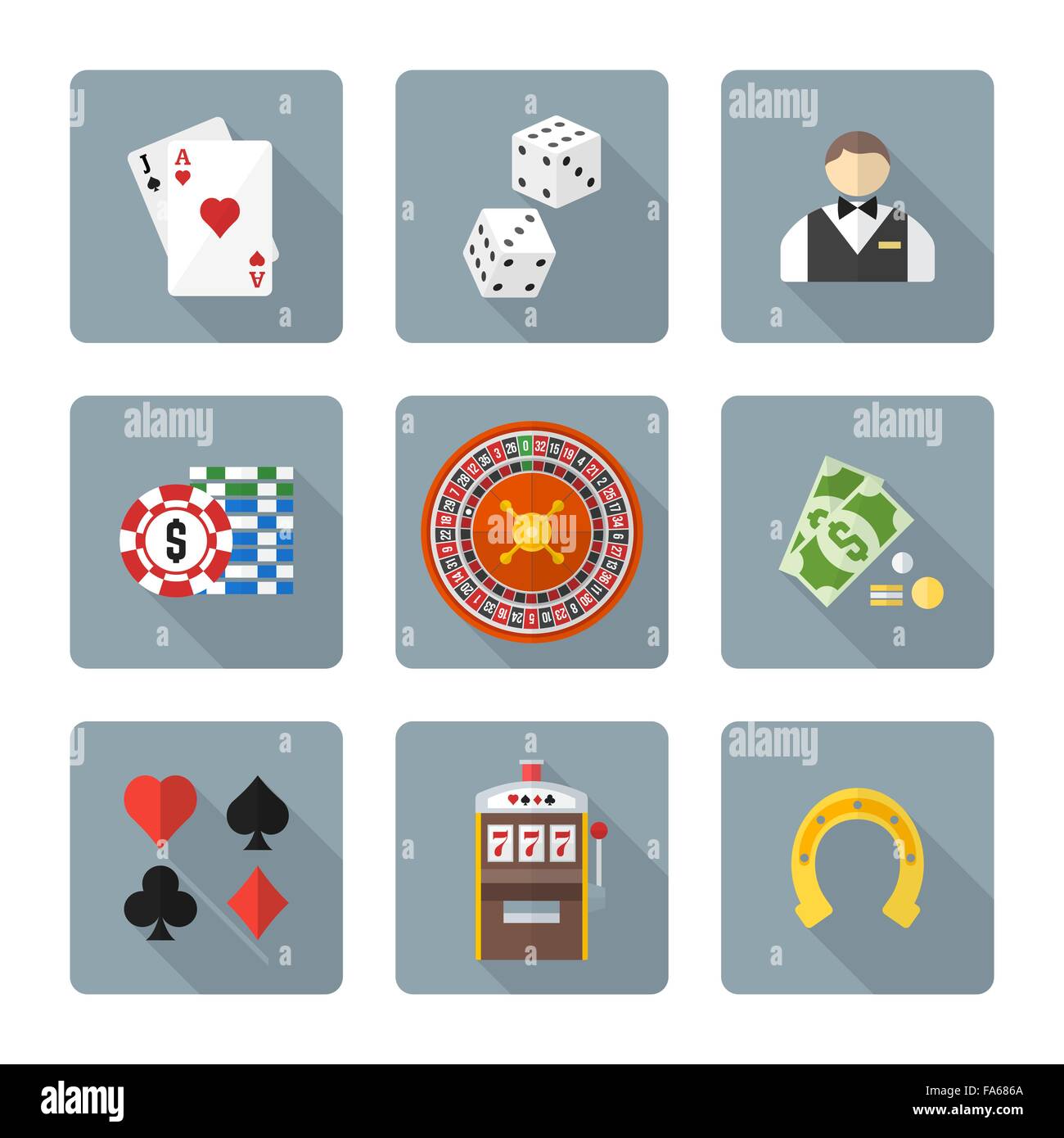 vector color flat design various gambling signs blackjack dice croupier casino tokens roulette cash money card suits slot machin Stock Vector