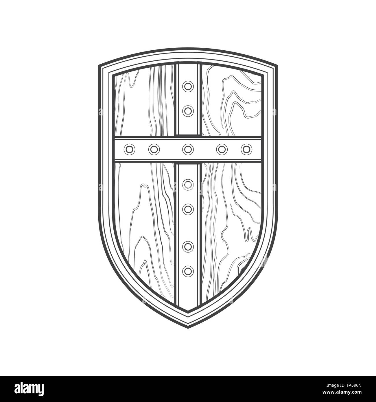 vector monochrome contour medieval wooden textured metal cross warrior Crusader shield isolated black outline illustration on wh Stock Vector