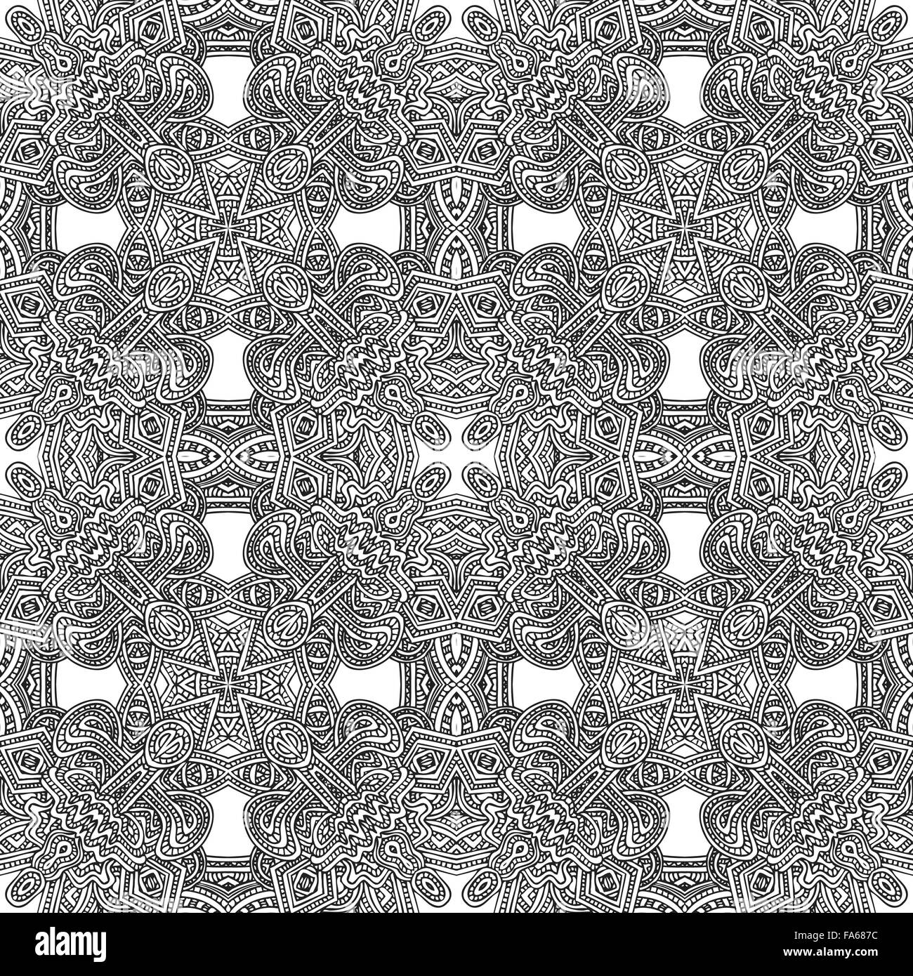 vector black monochrome hand drawn zentangle seamless aztec pattern outline illustration on white background Stock Vector