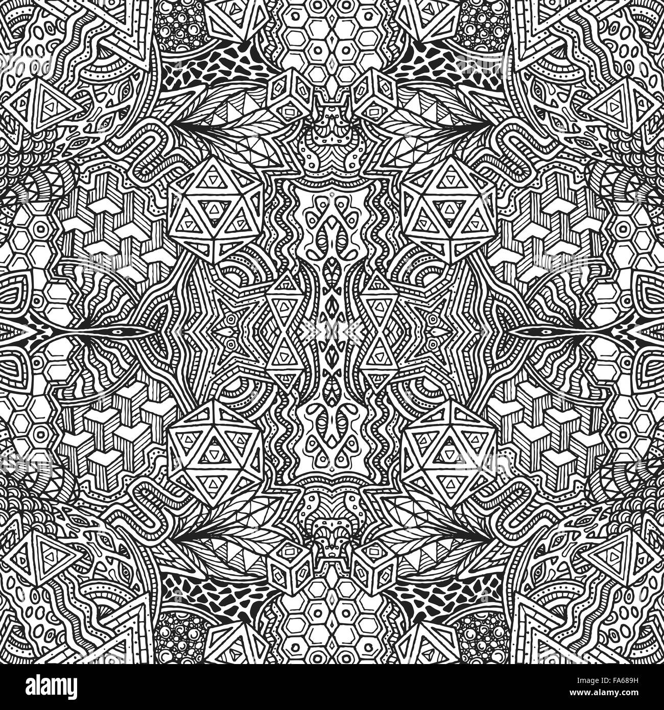 vector black monochrome hand drawn geometric zentangle seamless pattern outline illustration white background Stock Vector