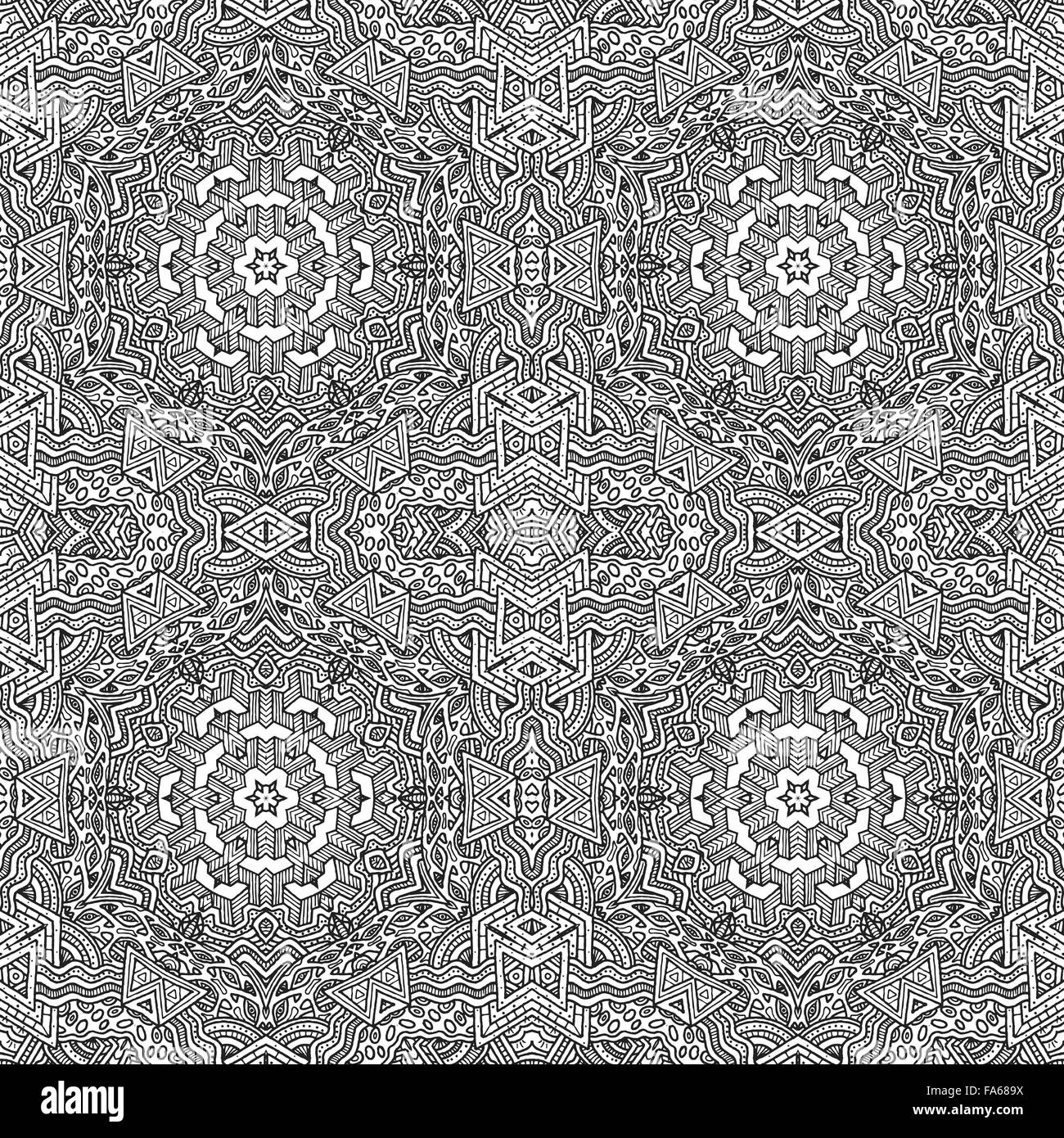 vector black monochrome hand drawn geometric zentangle seamless pattern contour illustration white background Stock Vector