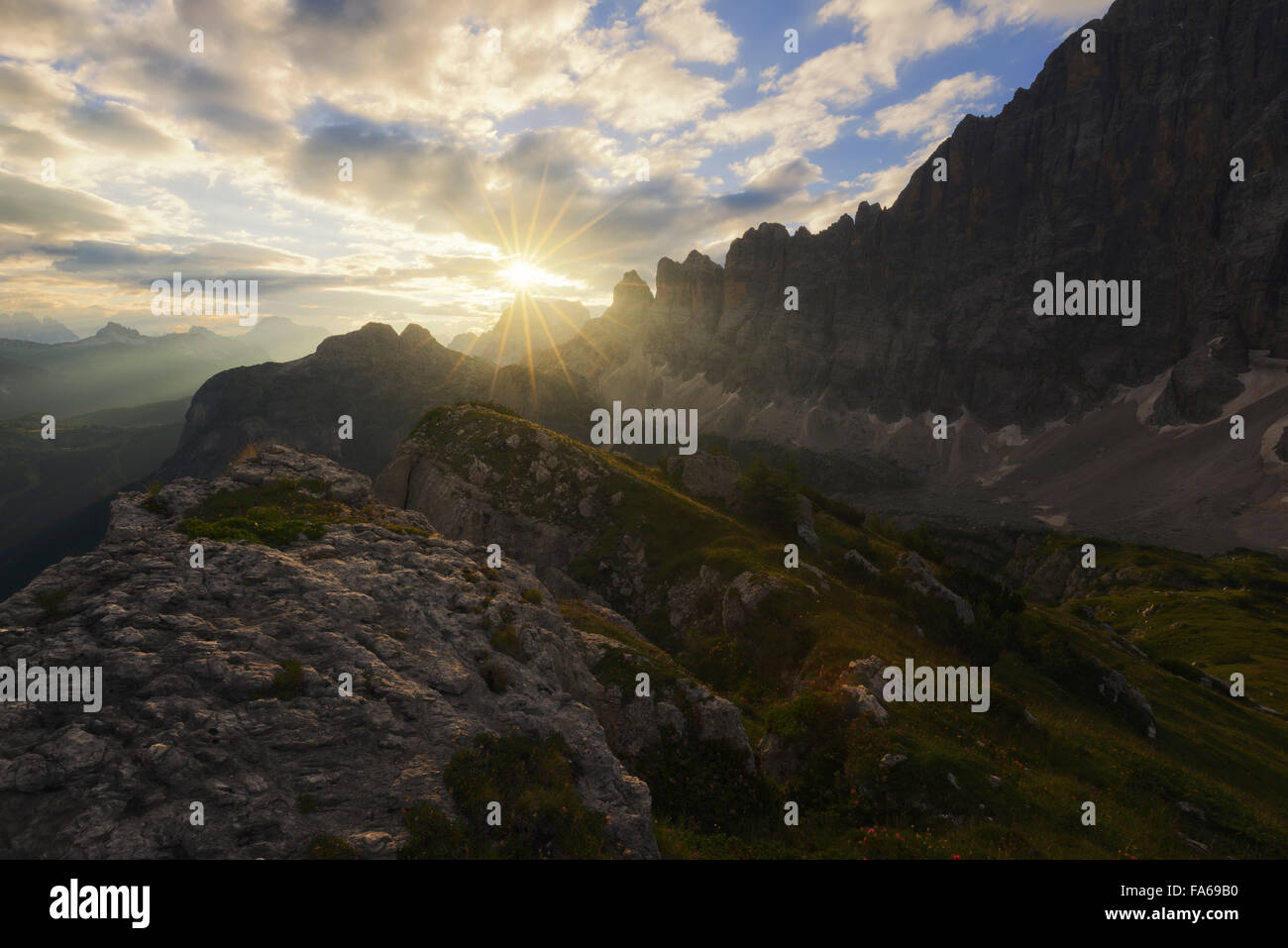Coldai Pass at sunrise, Dolomites, Italy Stock Photo