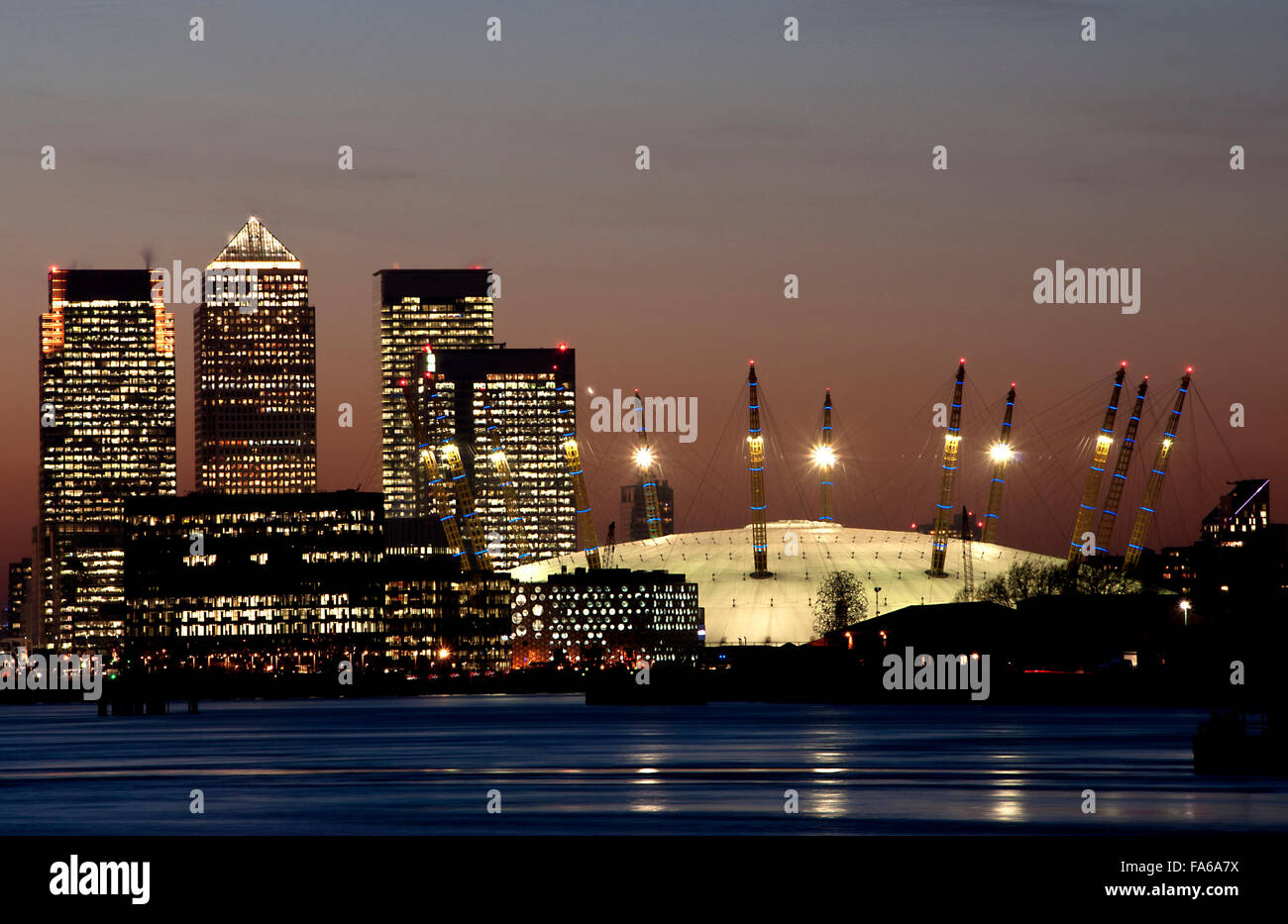 Canary Wharf and O2 at Night, London, England Stock Photo