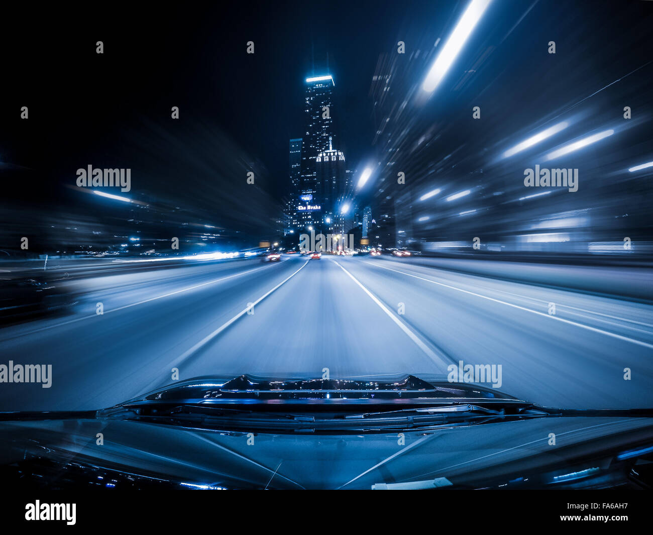 View from the top of a car driving down highway, Chicago, Illinois