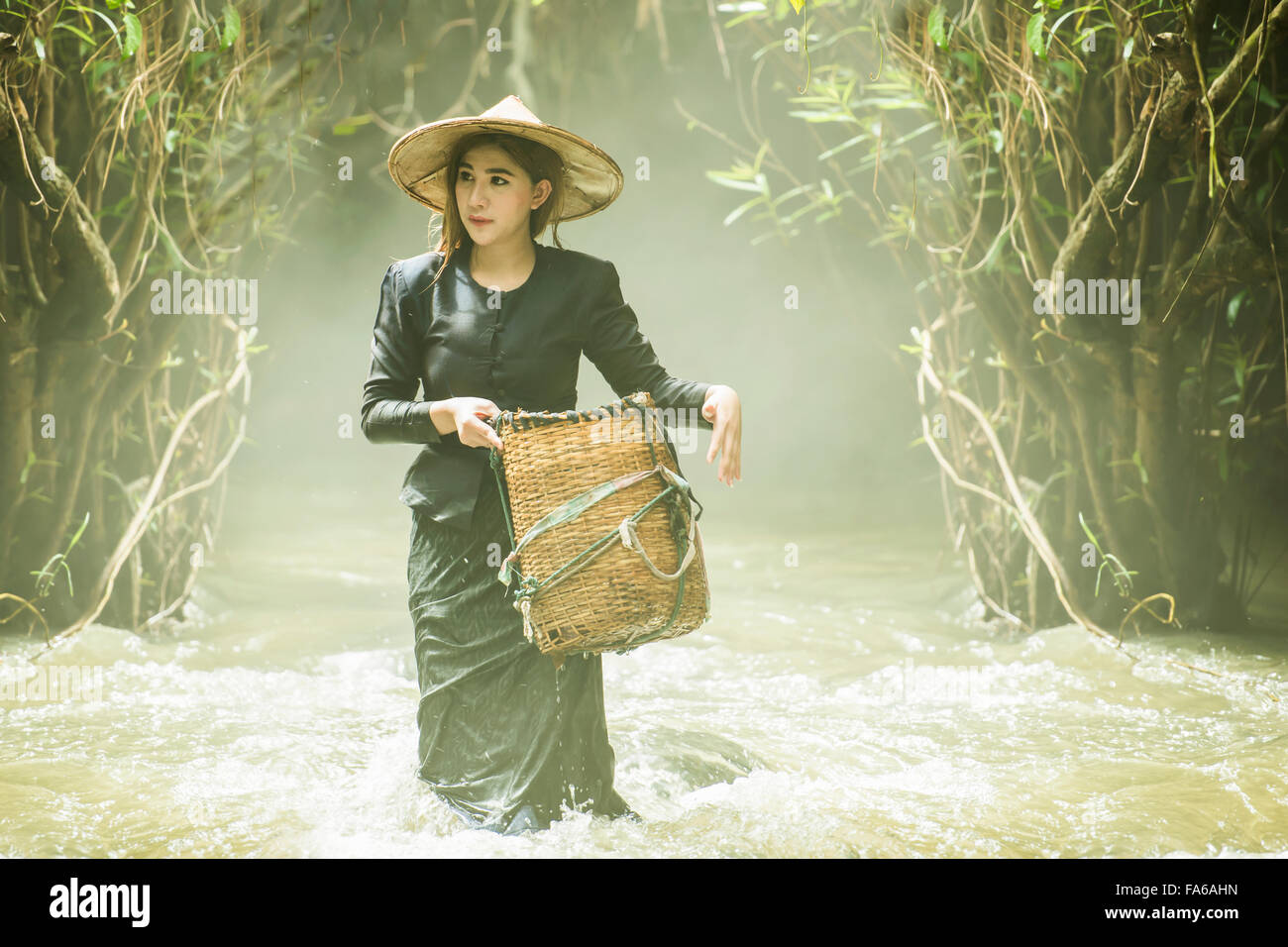 Young woman looking for fish in stream, Thailand Stock Photo