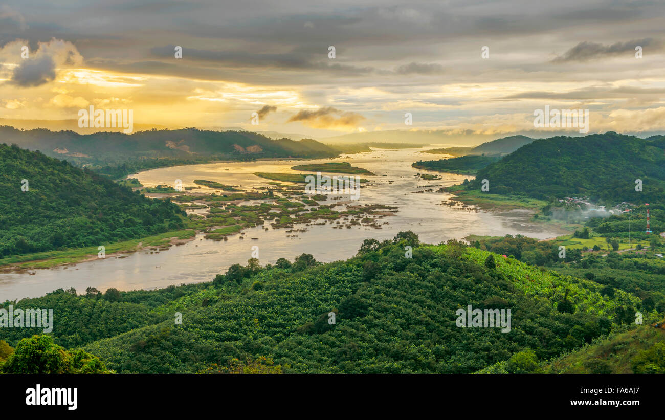 Aerial view of mekong river and forest, Thailand Stock Photo