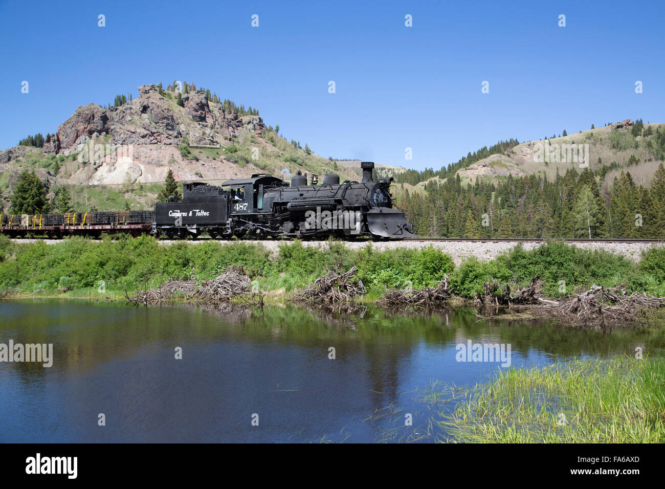 New Mexico and Colorado, Cumbres & Toltec Scenic Railroad, National Historic Landmark, narrow guage, steam powered locomotive Stock Photo