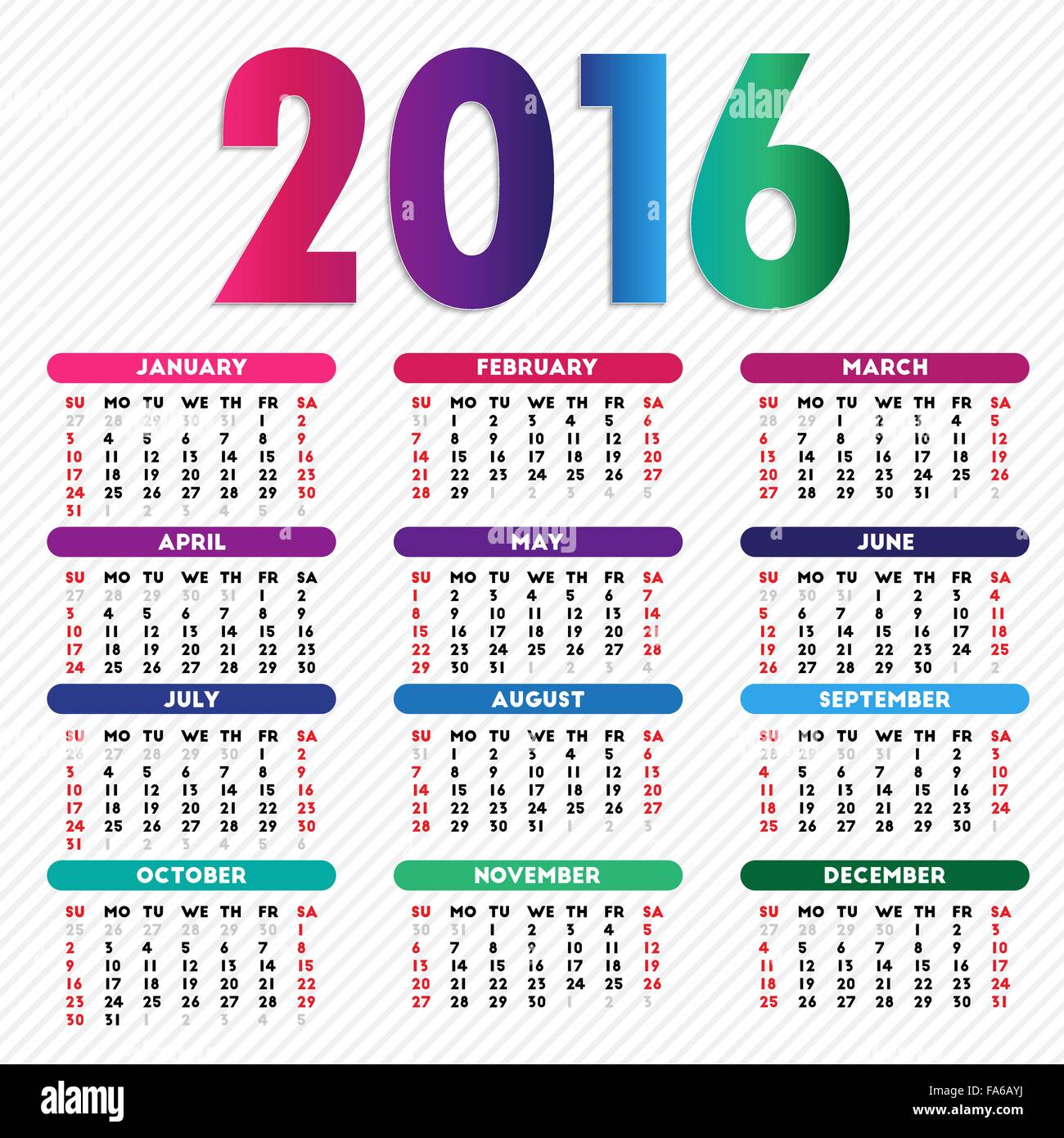 Calendar 2016 design. Week starts on Sunday Stock Vector