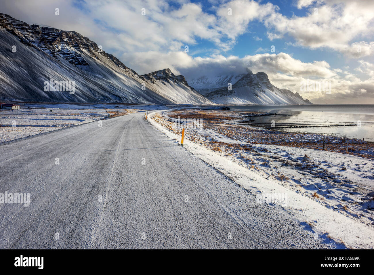 Road by mount Vestrahorn, Hornafjordur, Iceland Stock Photo