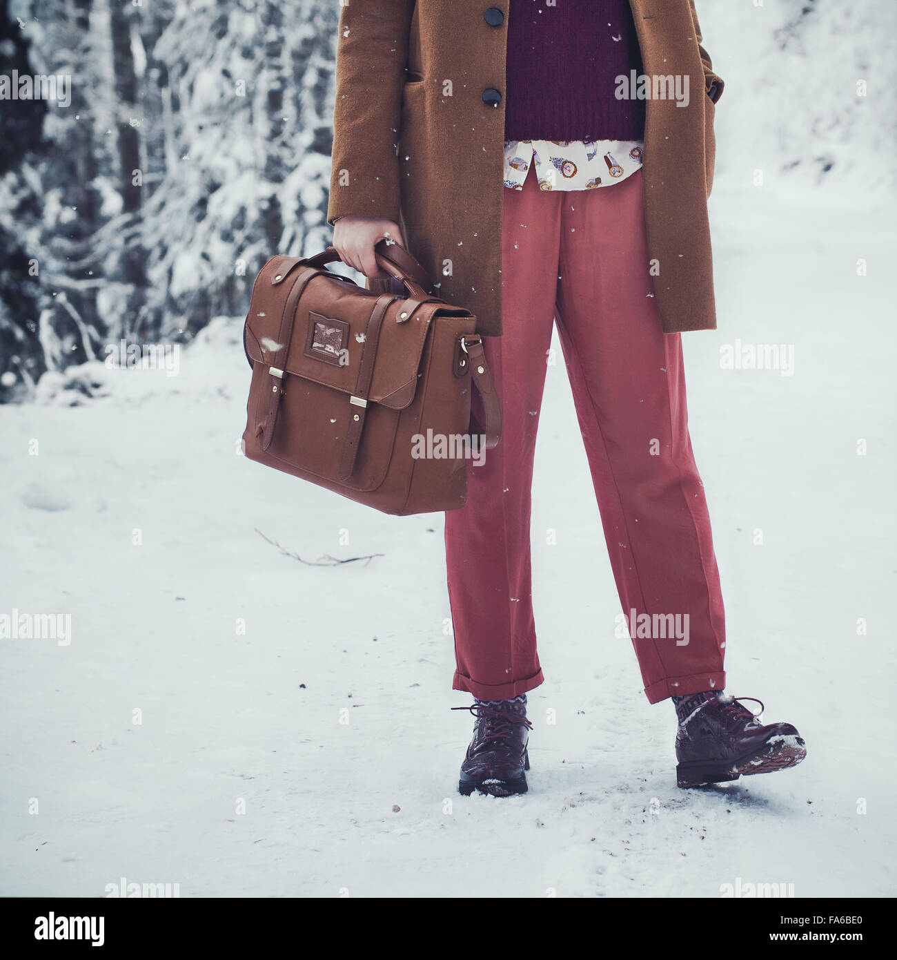 Woman standing in snow carrying briefcase Stock Photo