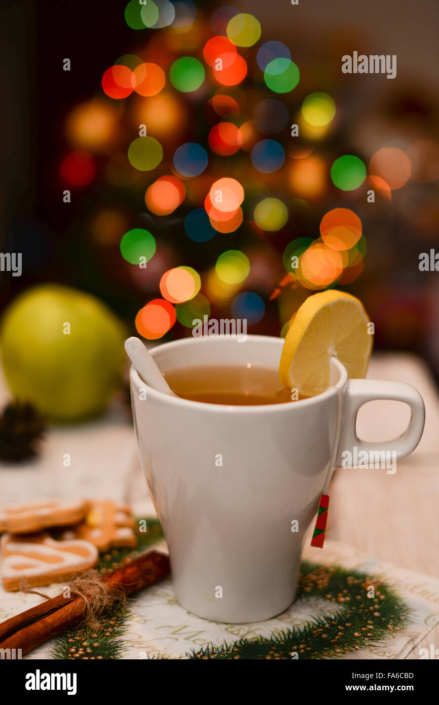 Cup of hot lemon tea at Christmas Stock Photo