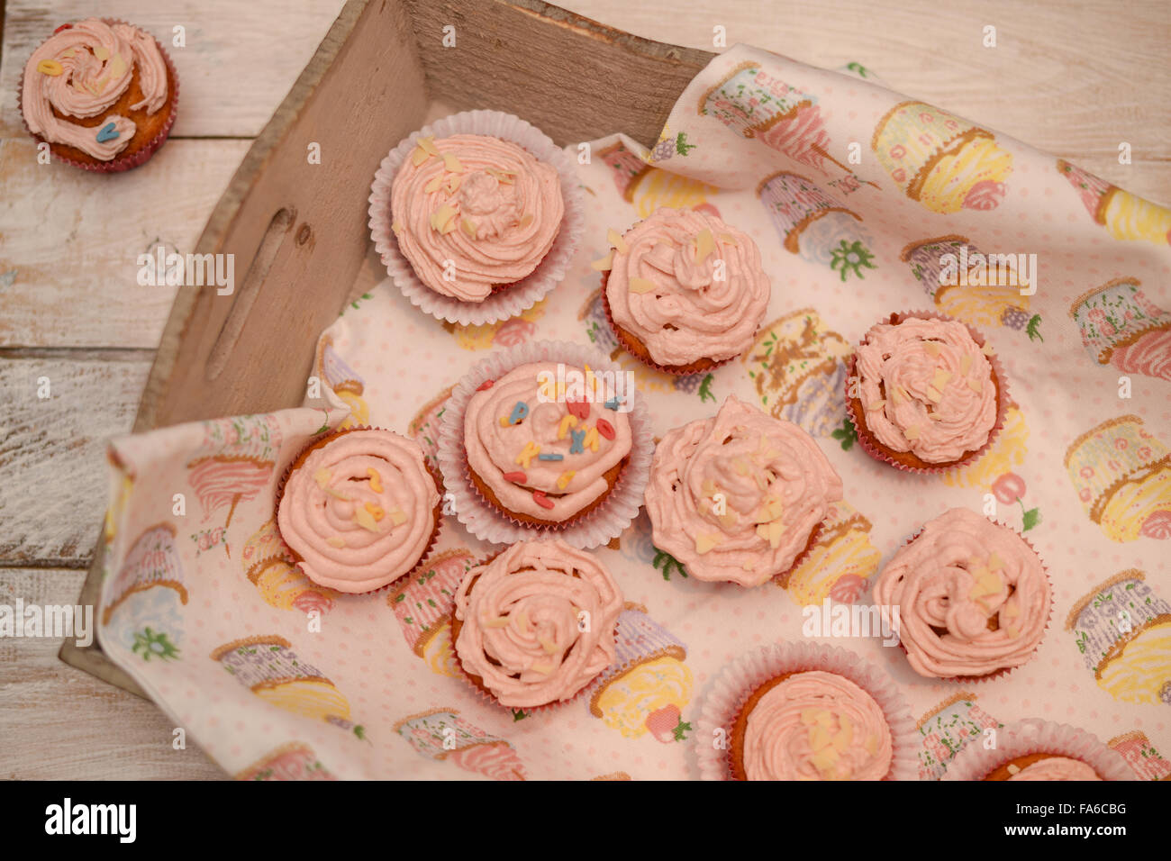 Overhead view of cupcakes on a tray Stock Photo