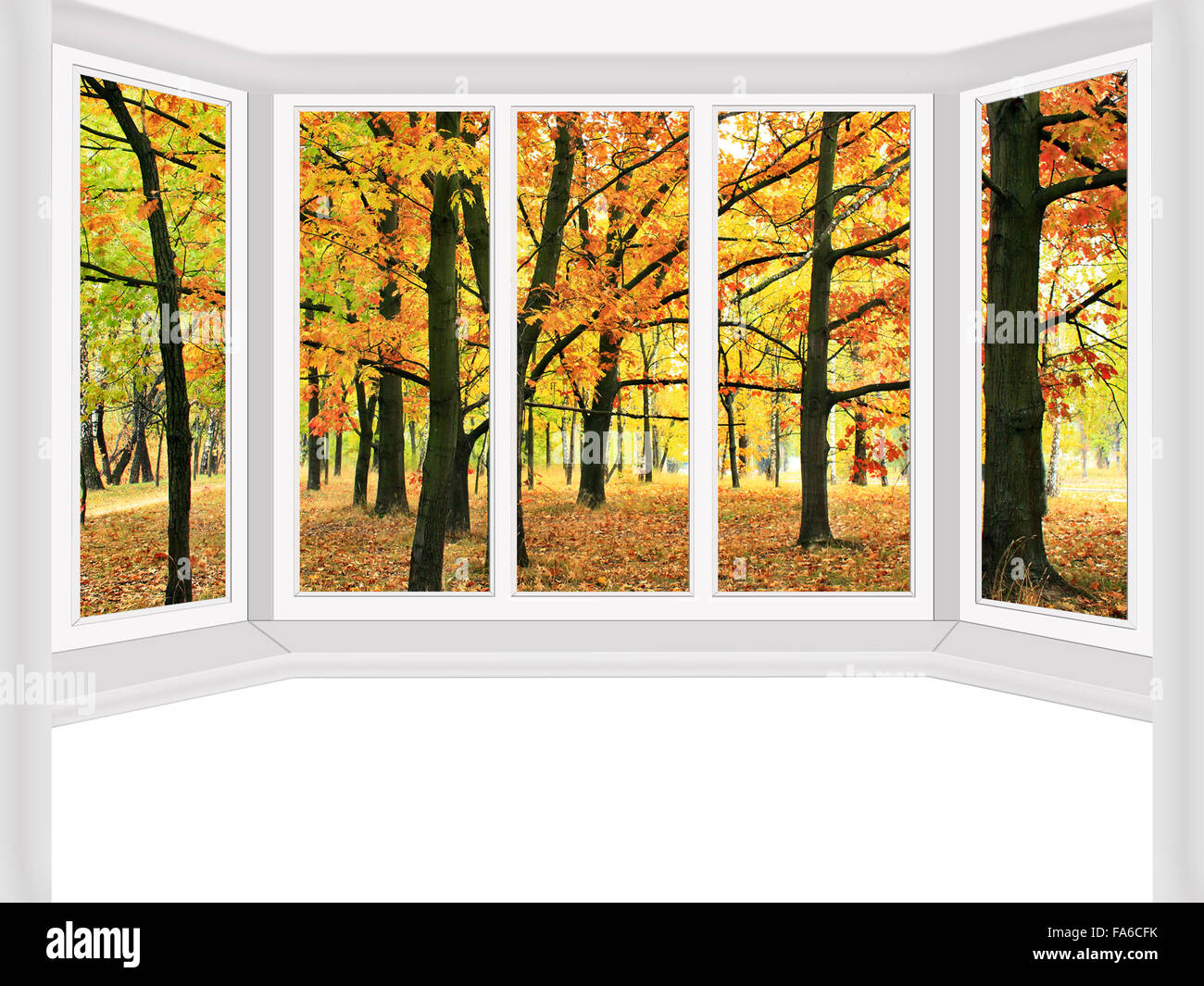 window overlooking the autumn park with yellow trees isolated on white ...