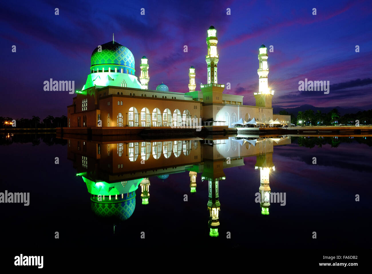 Reflection of Kota Kinabalu City Mosque at Sunrise, Sabah, Borneo, Malaysia Stock Photo