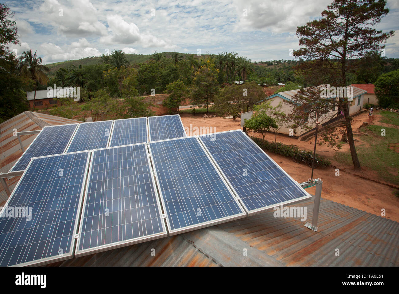 Solar panels line the roof at Bitale Health Center in Bitale village, Kigoma Region, Western Tanzania. Stock Photo