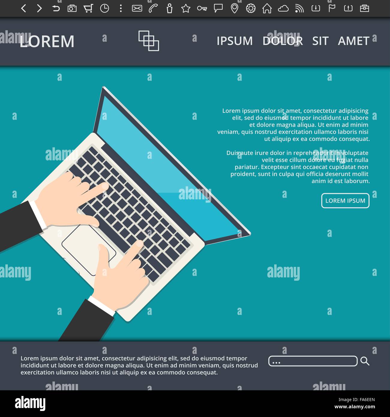 Vector illustration of flat style web design template with website elements and a businessman working on his laptop Stock Vector