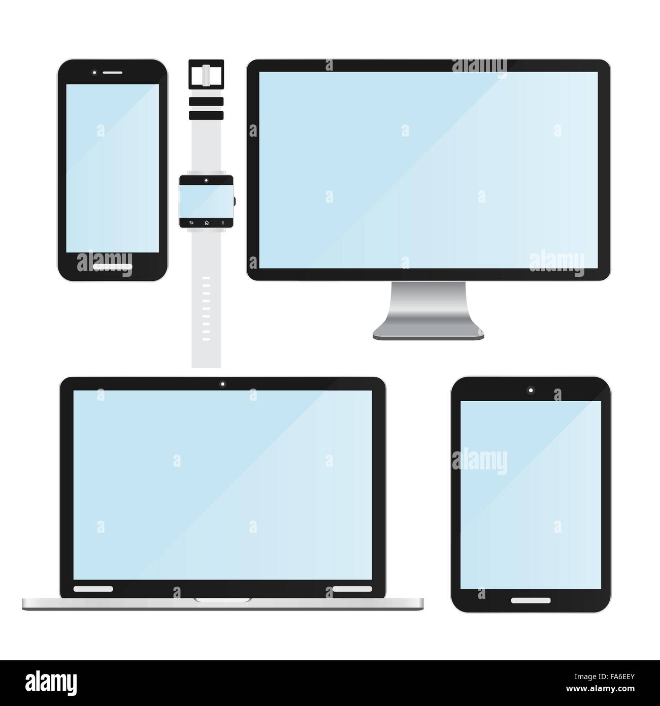 Set of new realistic modern electronic devices. Laptop, computer monitor, digital tablet, smart phone and smart watch Stock Vector